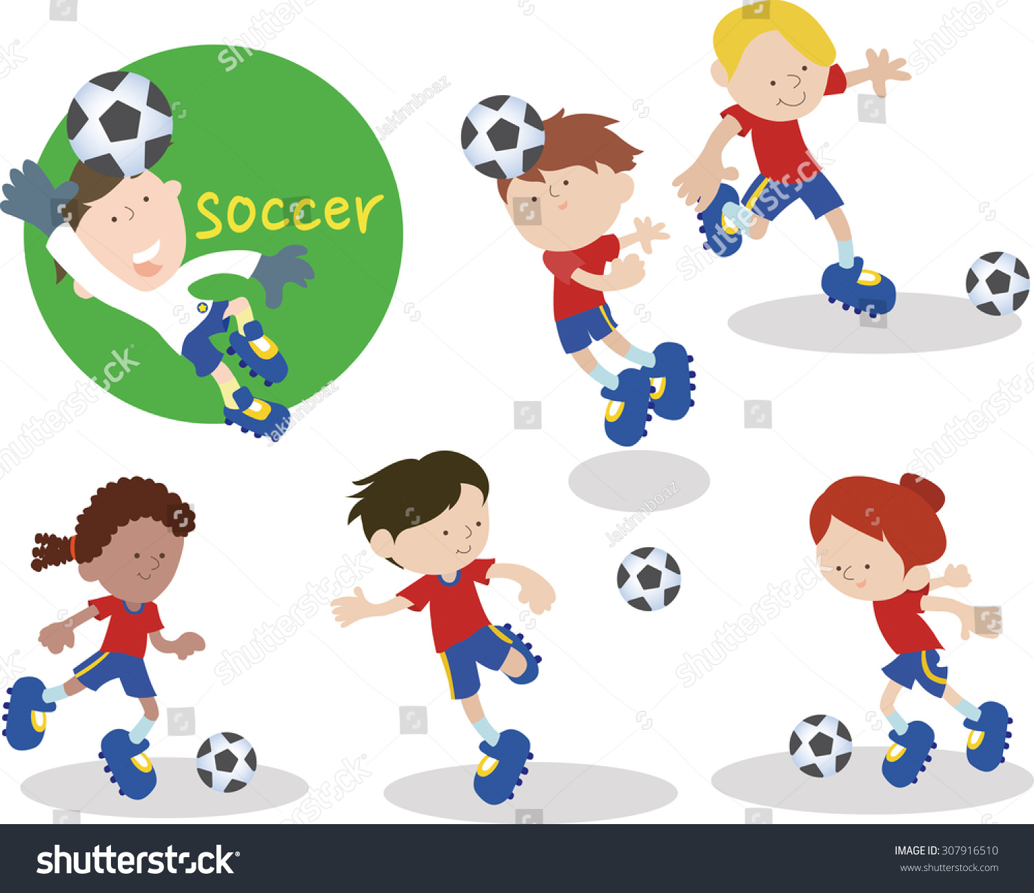 A Soccer Team. Each Player Practicing With A Soccer Ball. Stock Vector ...