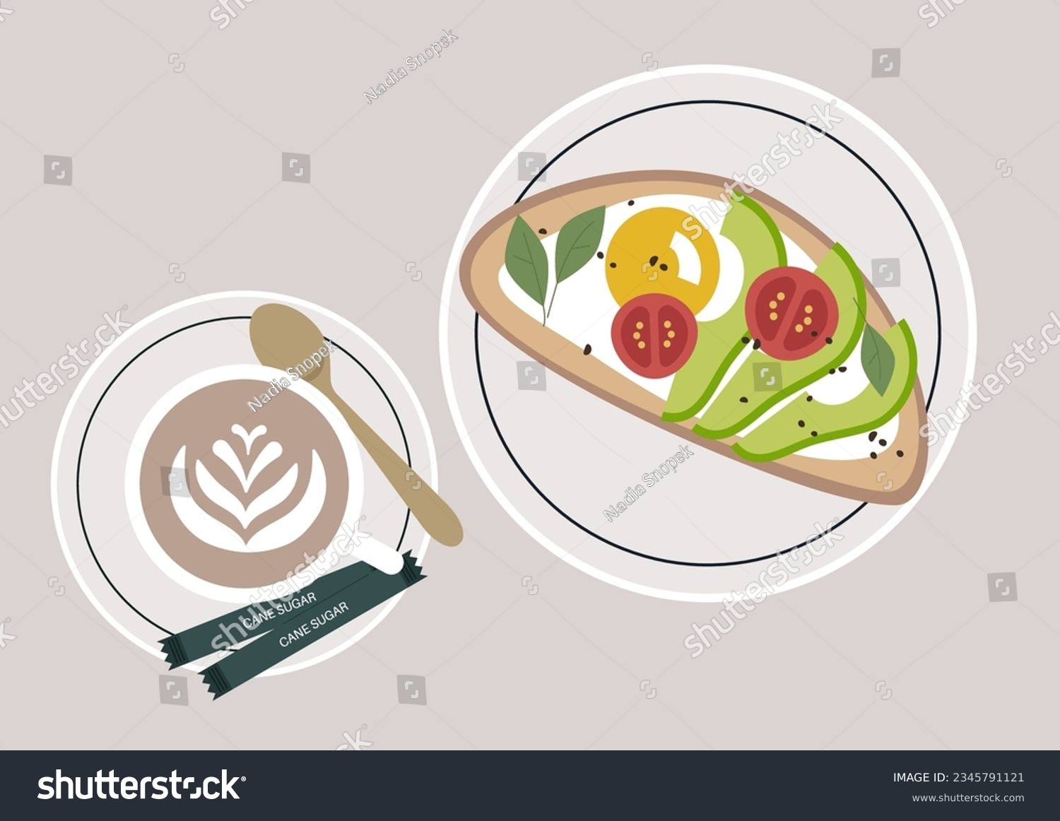 SVG of A top view perspective of a cappuccino cup on a saucer, accompanied by packets of natural cane sugar and a plate with avocado toast, the arrangement embodies a trendy approach to to food and lifestyle svg