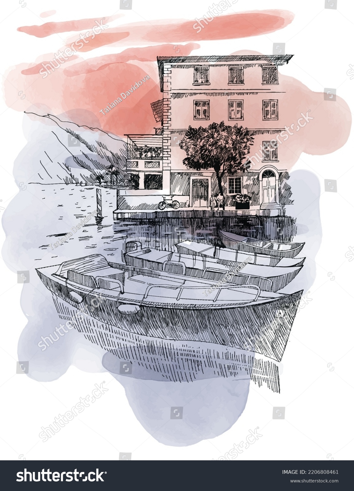 SVG of A tourist italy city and garda lake. Watercolor sketch illustration svg