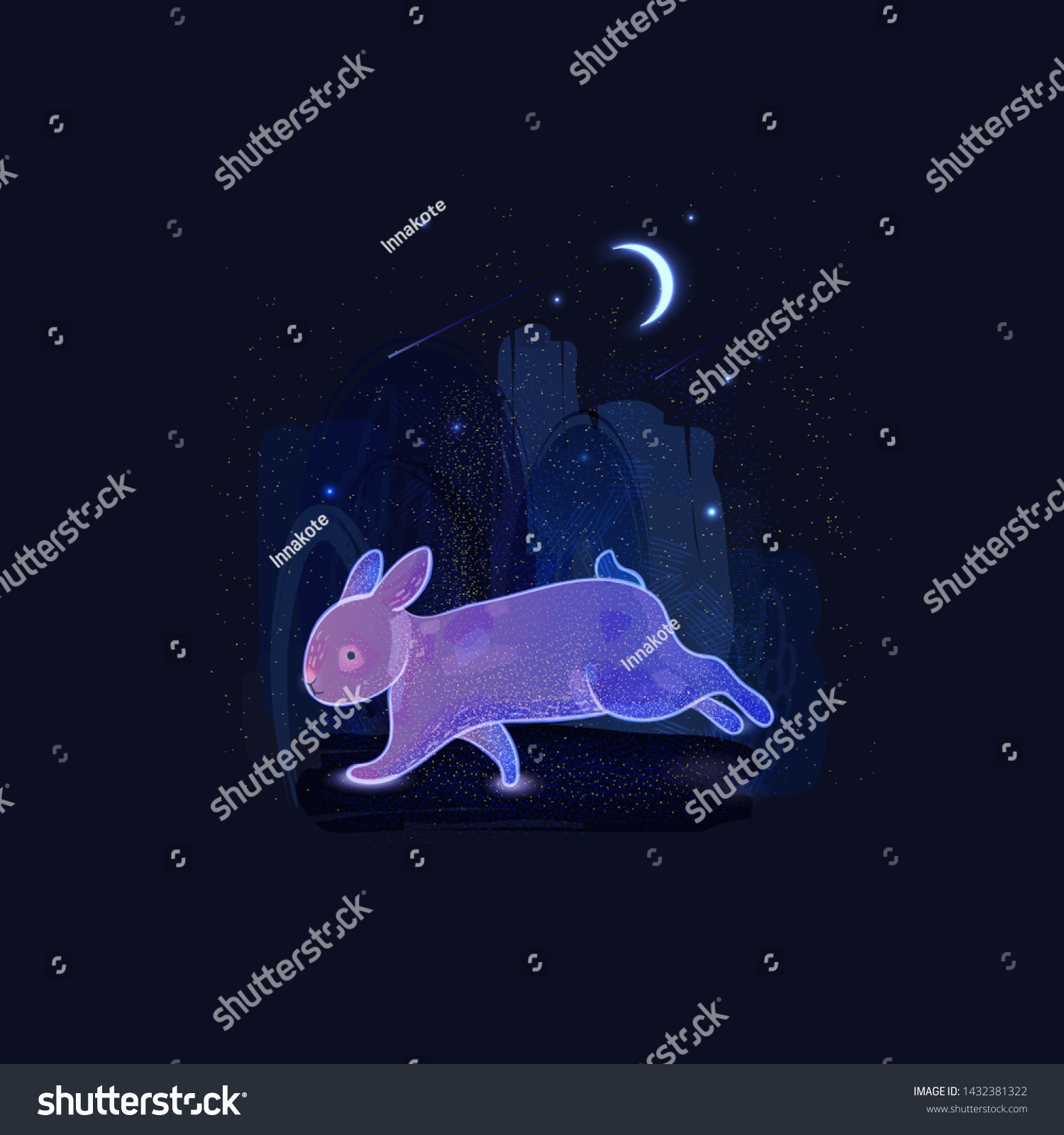 SVG of A transparent blue rabbit runs through the night fairy-tale forest, a bright crescent shines in the starry sky. Childlike illustration of a forest ghost against a stargazing background. svg
