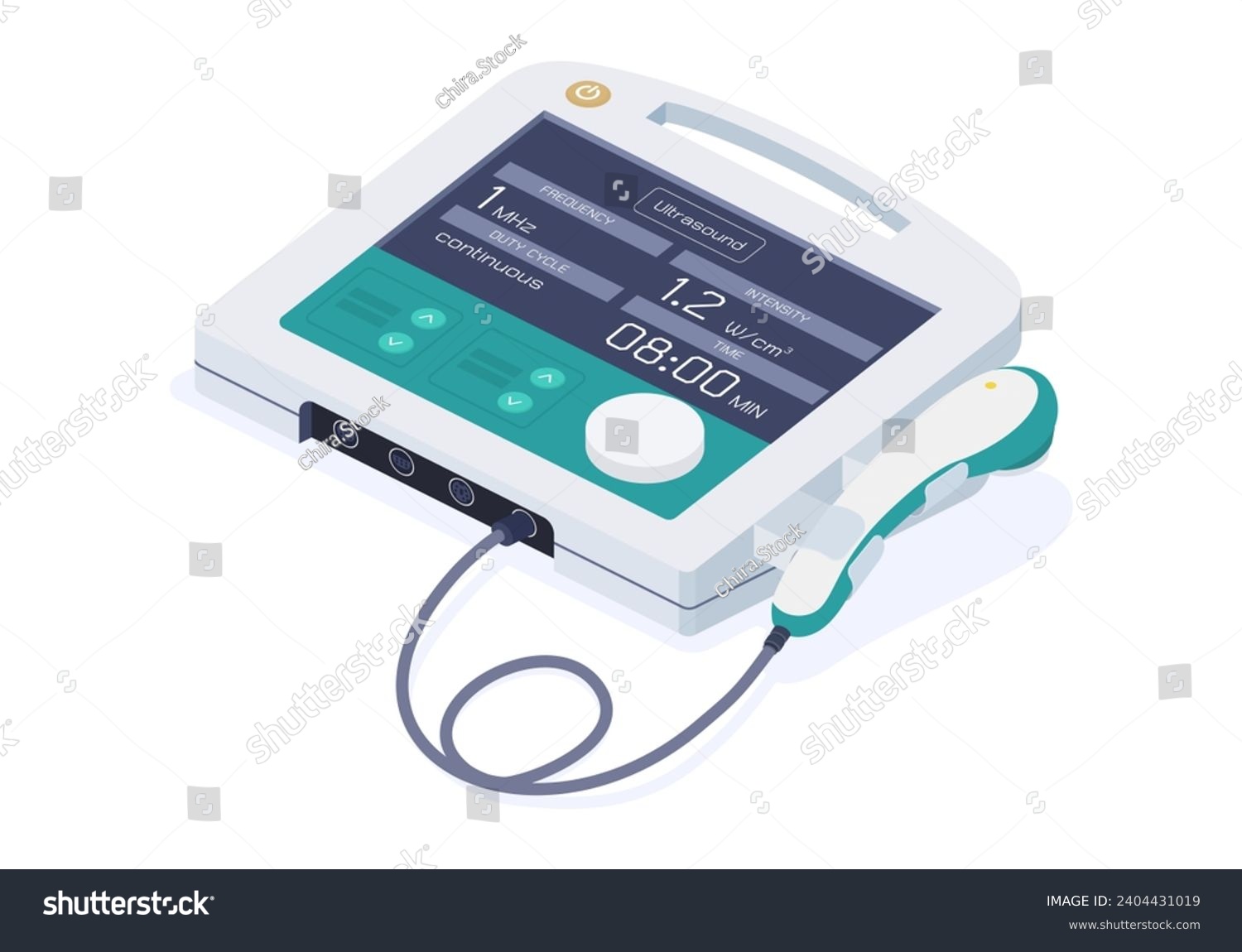 SVG of A Ultrasound therapy machine using in physical therapy for relief pain, activate healing, decrease spasm in tissue. Isolated object. Isometric vector. svg