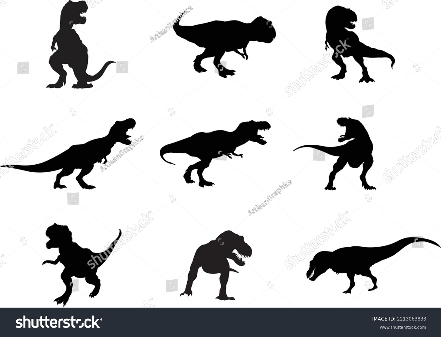 SVG of A vector collection of Tyrannosaurus rex silhouettes for artwork compositions. svg
