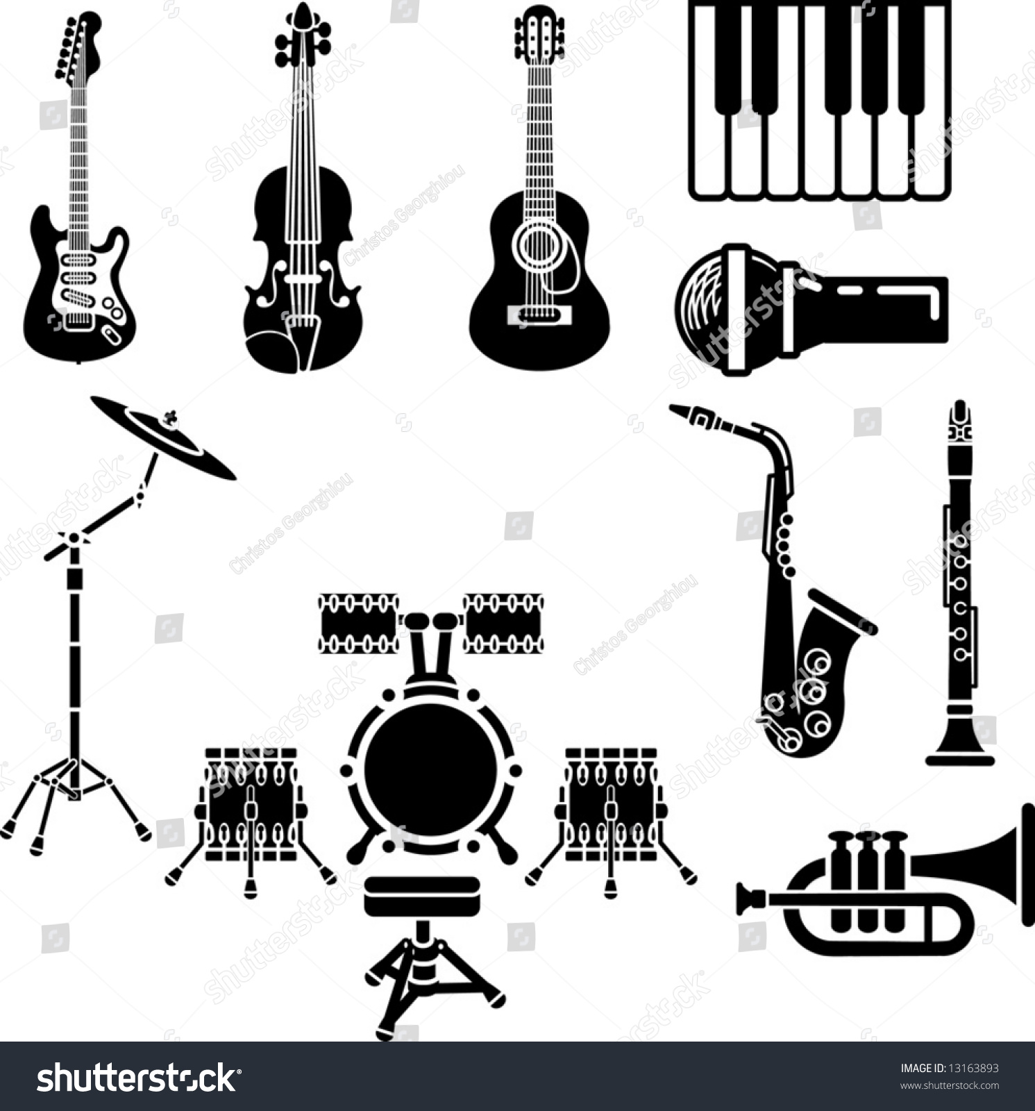 A Vector Icon Set Of Musical Instrument Simple Outline Silhouettes ...