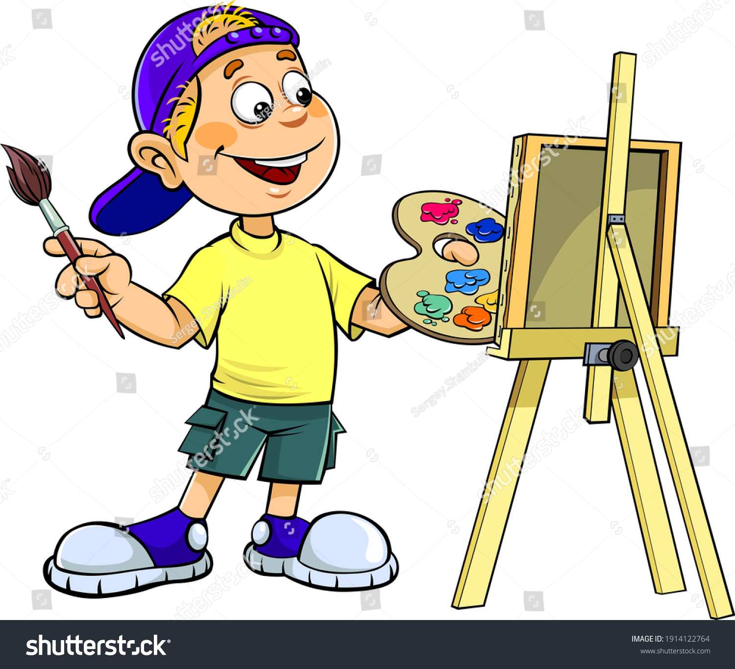 Vector Illustration Cartoon Smiling Boy Painting Stock Vector (Royalty ...