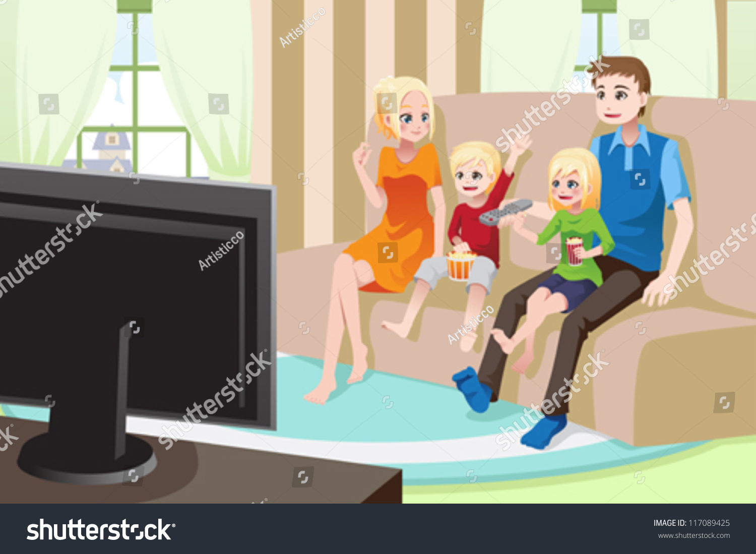 A Vector Illustration Of A Family Watching Movies/Television At Home ...