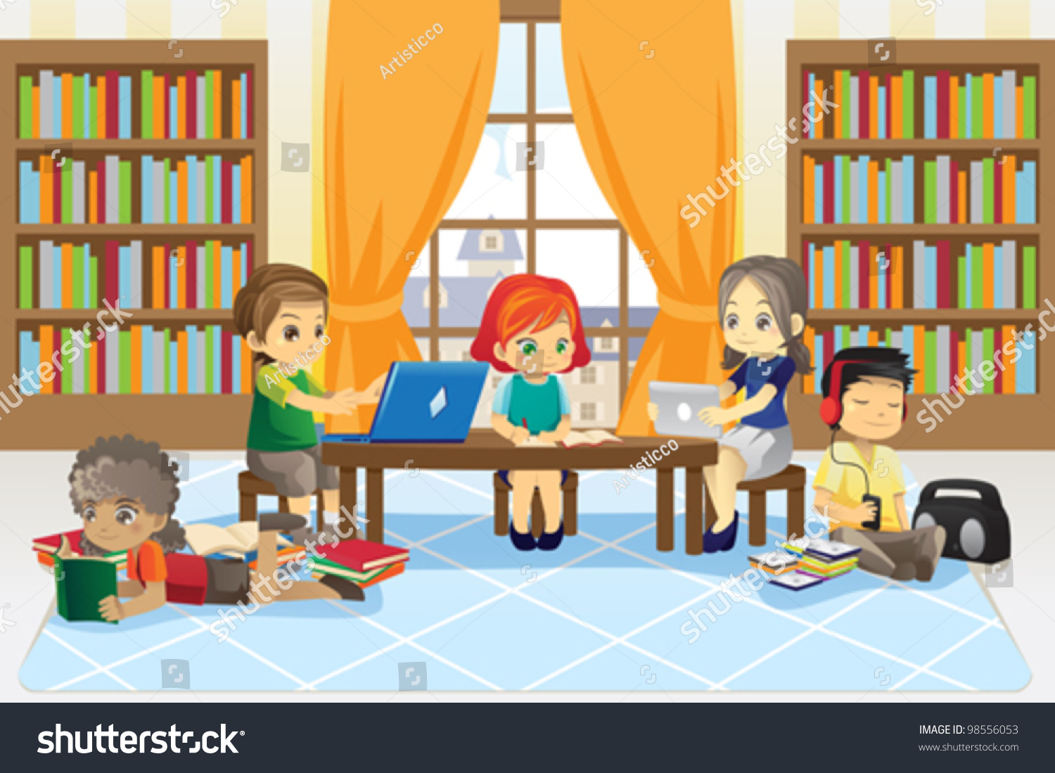 A Vector Illustration Of A Group Of Children In The Library - 98556053 ...