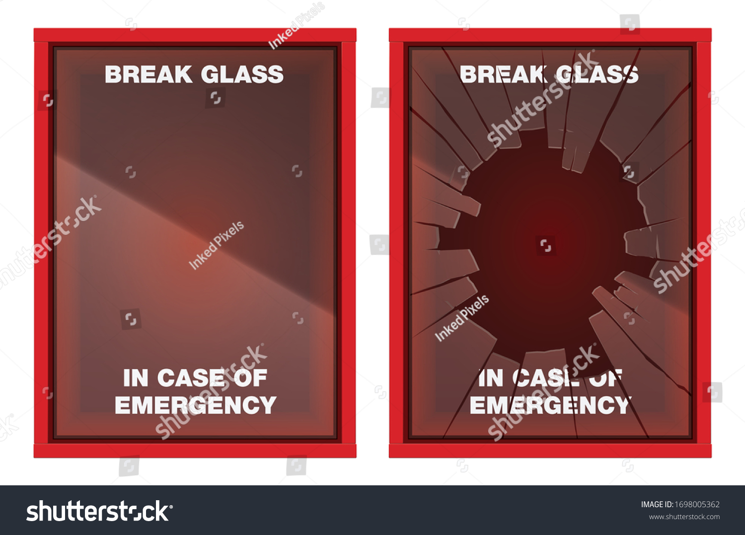 SVG of A vector illustration of an empty red emergency box with an in case of emergency breakable glass on the front - fixed and broken svg