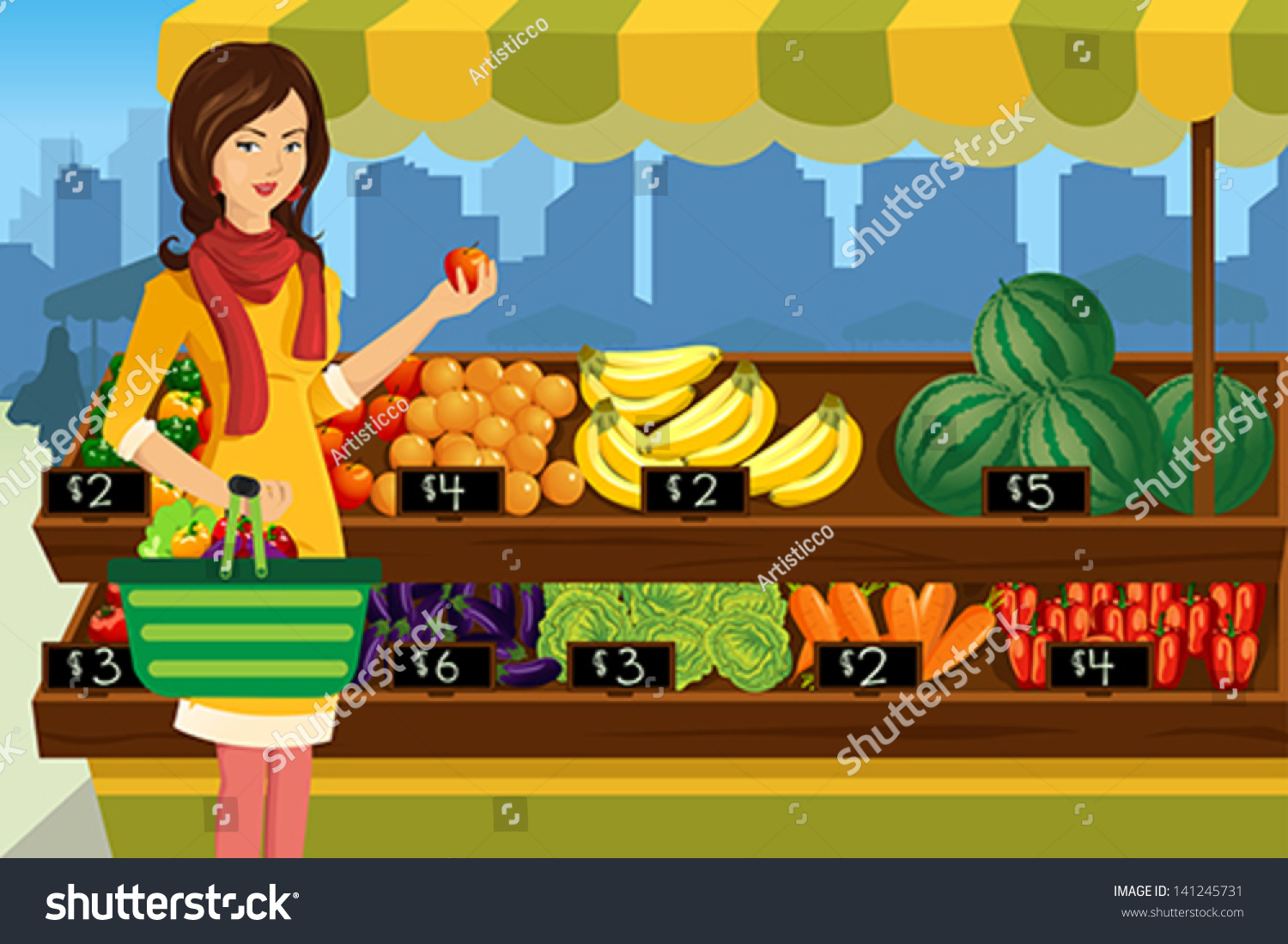 A Vector Illustration Of Beautiful Woman Shopping In An Outdoor Farmers ...