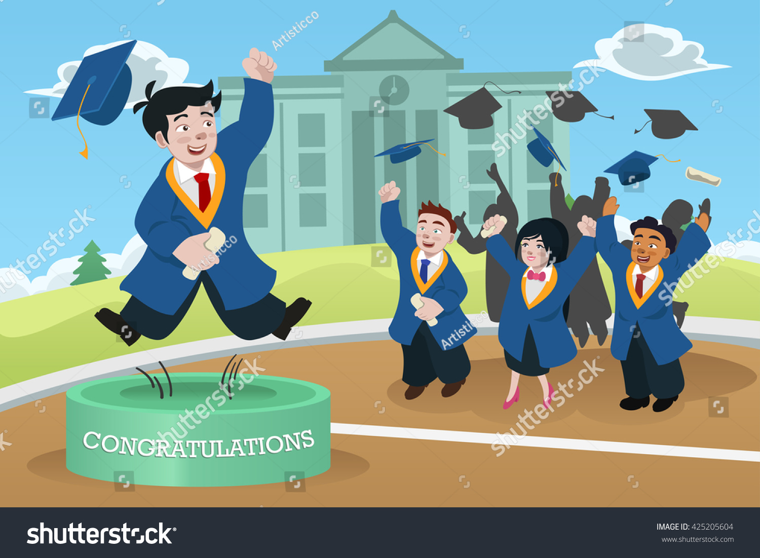 Vector Illustration Happy Students Celebrating Graduation Stock Vector