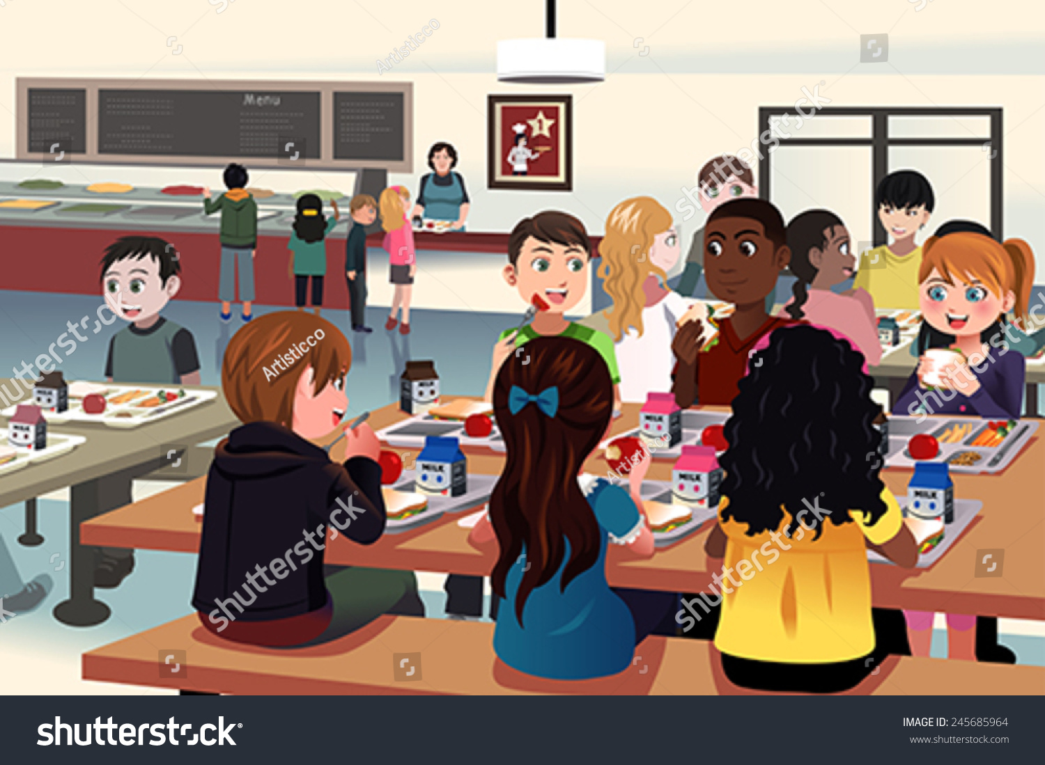 A Vector Illustration Of Kids Eating At The School Cafeteria ...