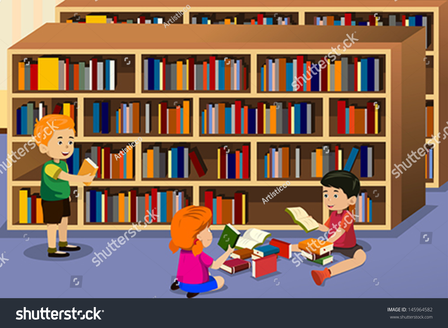 Vector Illustration Kids Reading Book Library Stock Vector (Royalty ...