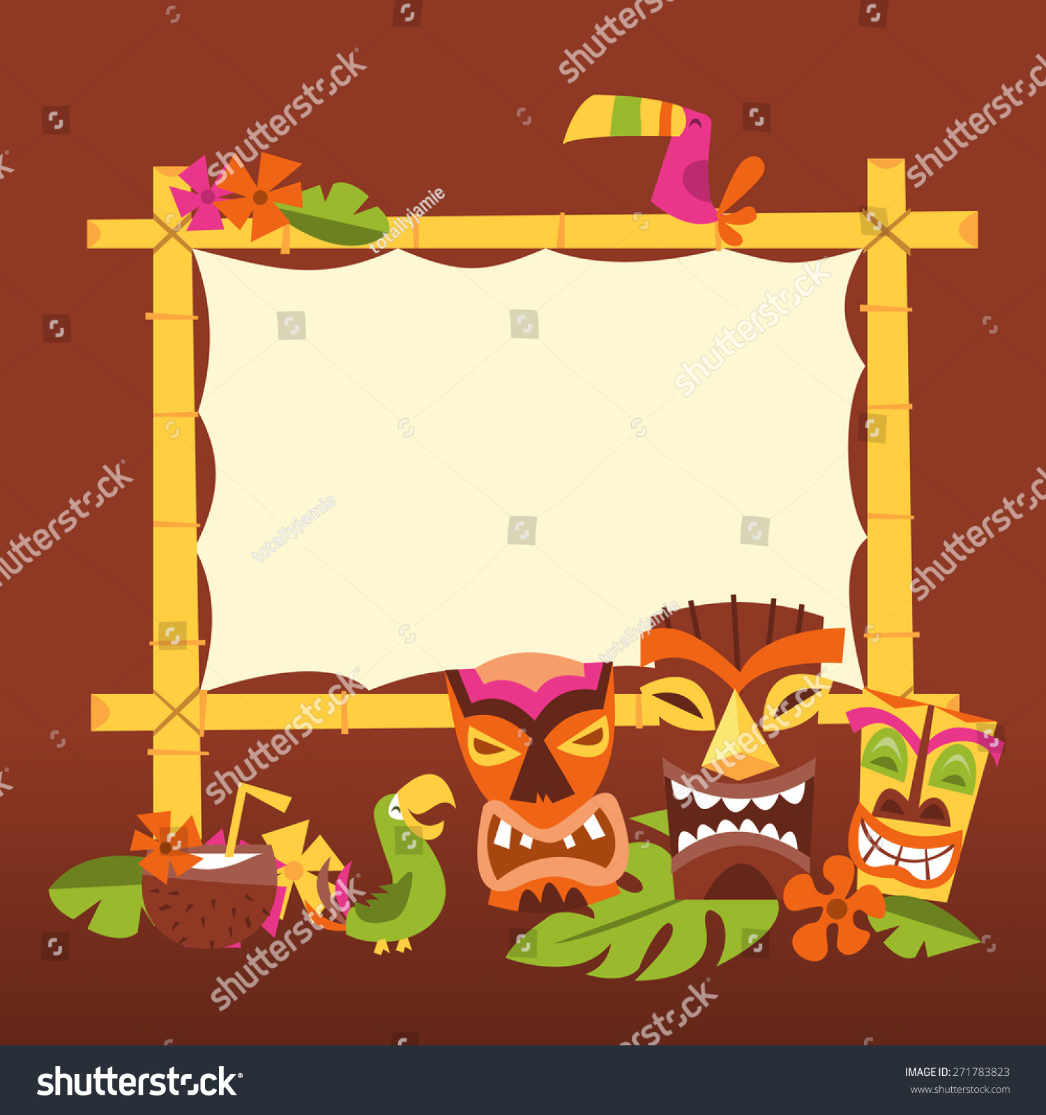 SVG of A vector illustration of 1960s retro inspired cute hawaiian luau party blank bamboo sign with tiki statues and tropical birds.  svg