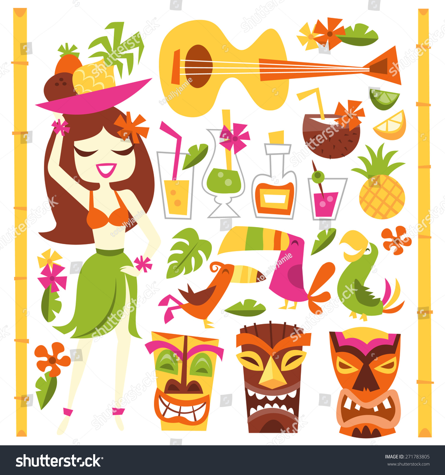 SVG of A vector illustration of 1960s retro inspired cute hawaiian luau party design elements set. Included in this set:- hawaiian girl, cocktails, coconut, pineapple, ukelele, tropical birds, tiki statues.  svg