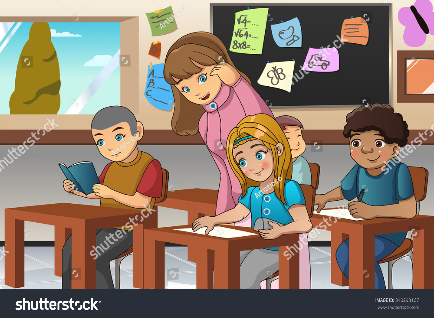 A Vector Illustration Of Students Studying In Classroom With Teacher ...