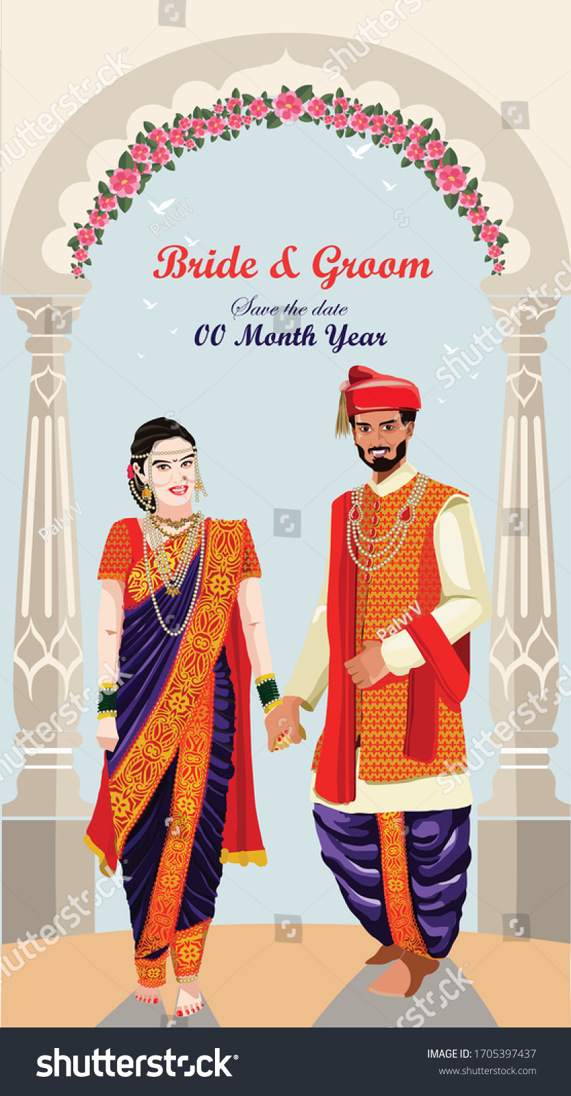 Vector Indian Bride Groom Maharashtrian Nauvari เวกเตอร์สต็อก ปลอดค่าลิขสิทธิ์ 1705397437 2523