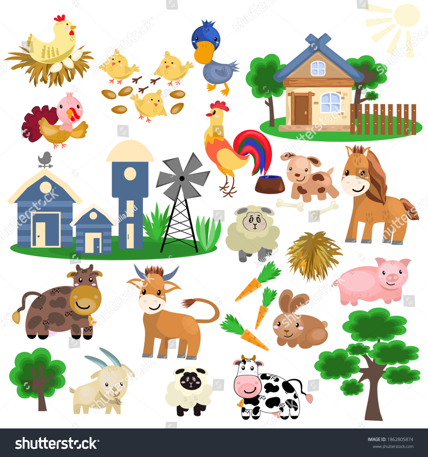 Vector Set Farm Cute Animals Houses Stock Vector (Royalty Free) 1862805874