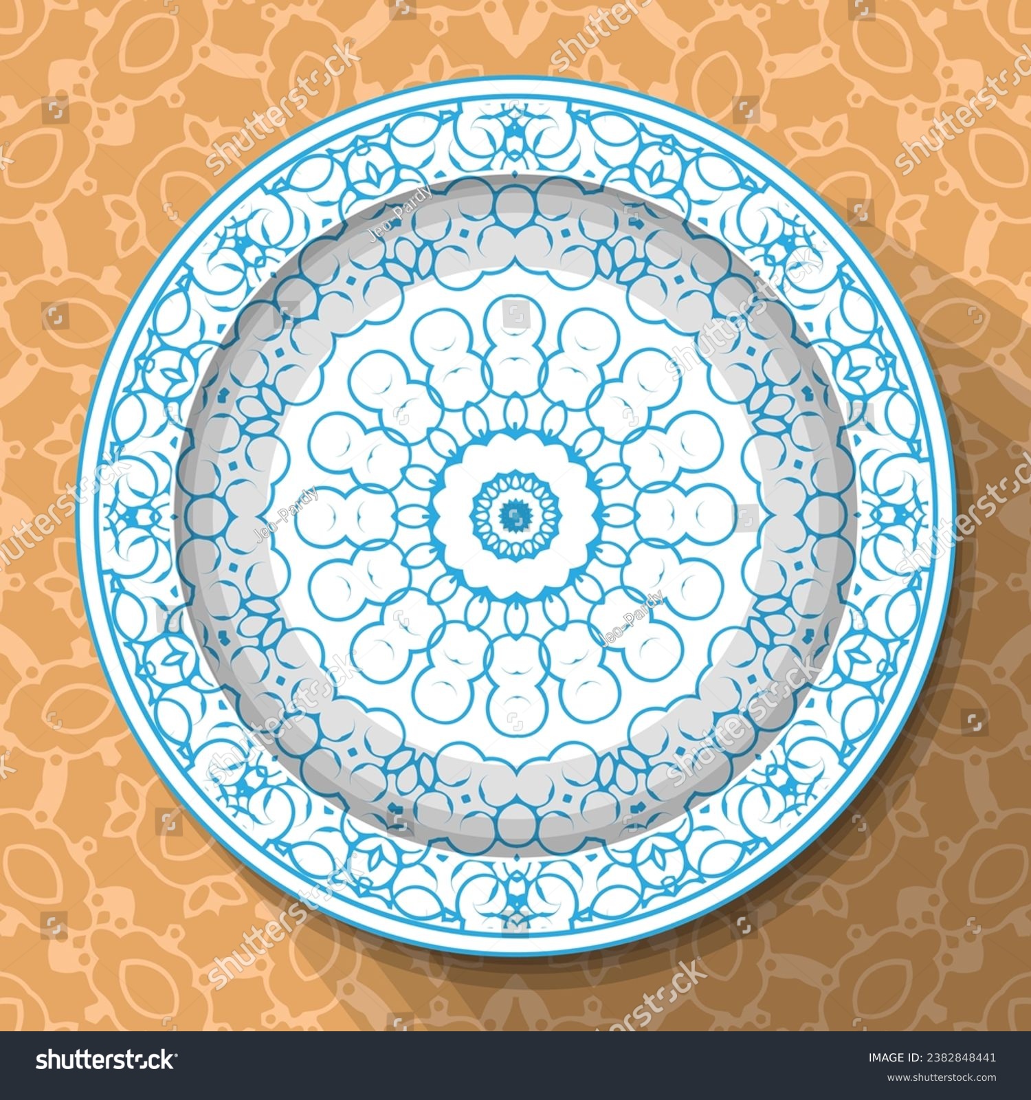 SVG of A white plate with an openwork blue ornament, located on a light brown patterned tablecloth. Pattern No. 8. Vector illustration svg