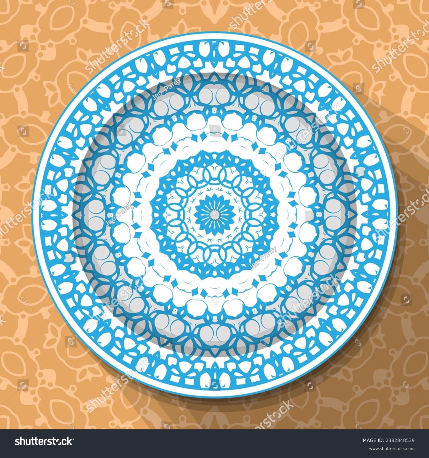 SVG of A white plate with an openwork blue ornament, located on a light brown patterned tablecloth. Pattern No. 7. Vector illustration svg