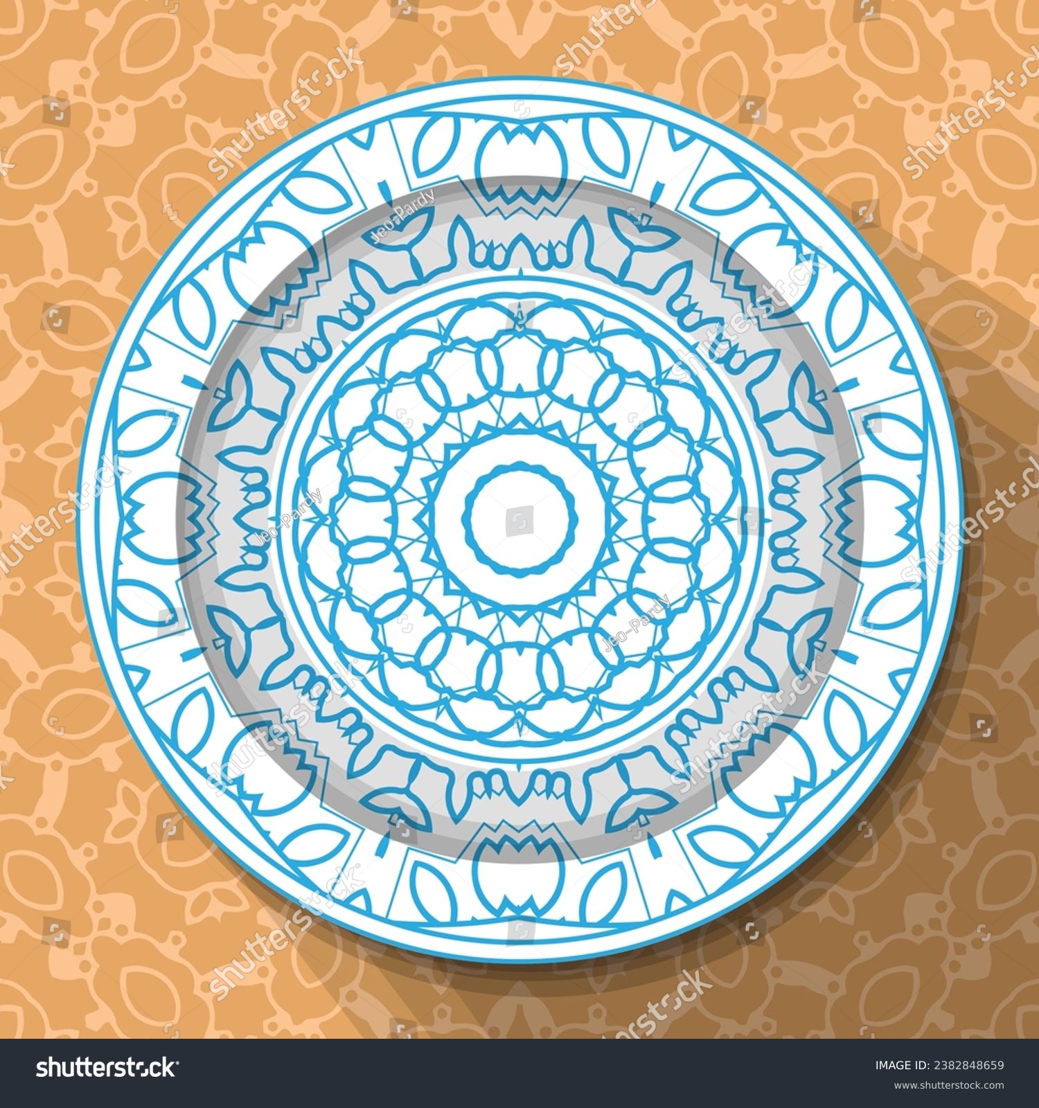 SVG of A white plate with an openwork blue ornament, located on a light brown patterned tablecloth. Pattern No. 5. Vector illustration svg