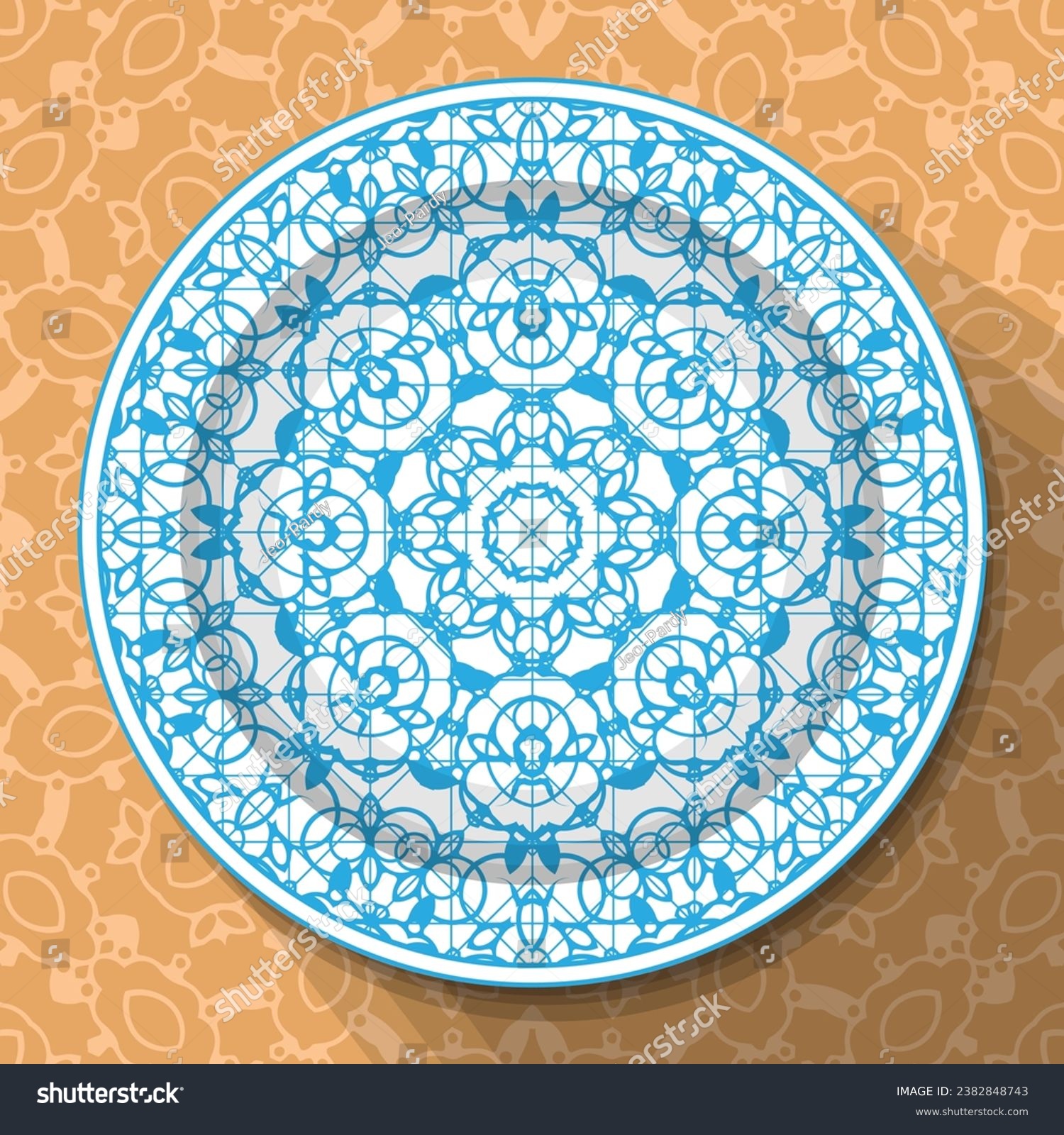 SVG of A white plate with an openwork blue ornament, located on a light brown patterned tablecloth. Pattern No. 2. Vector illustration svg