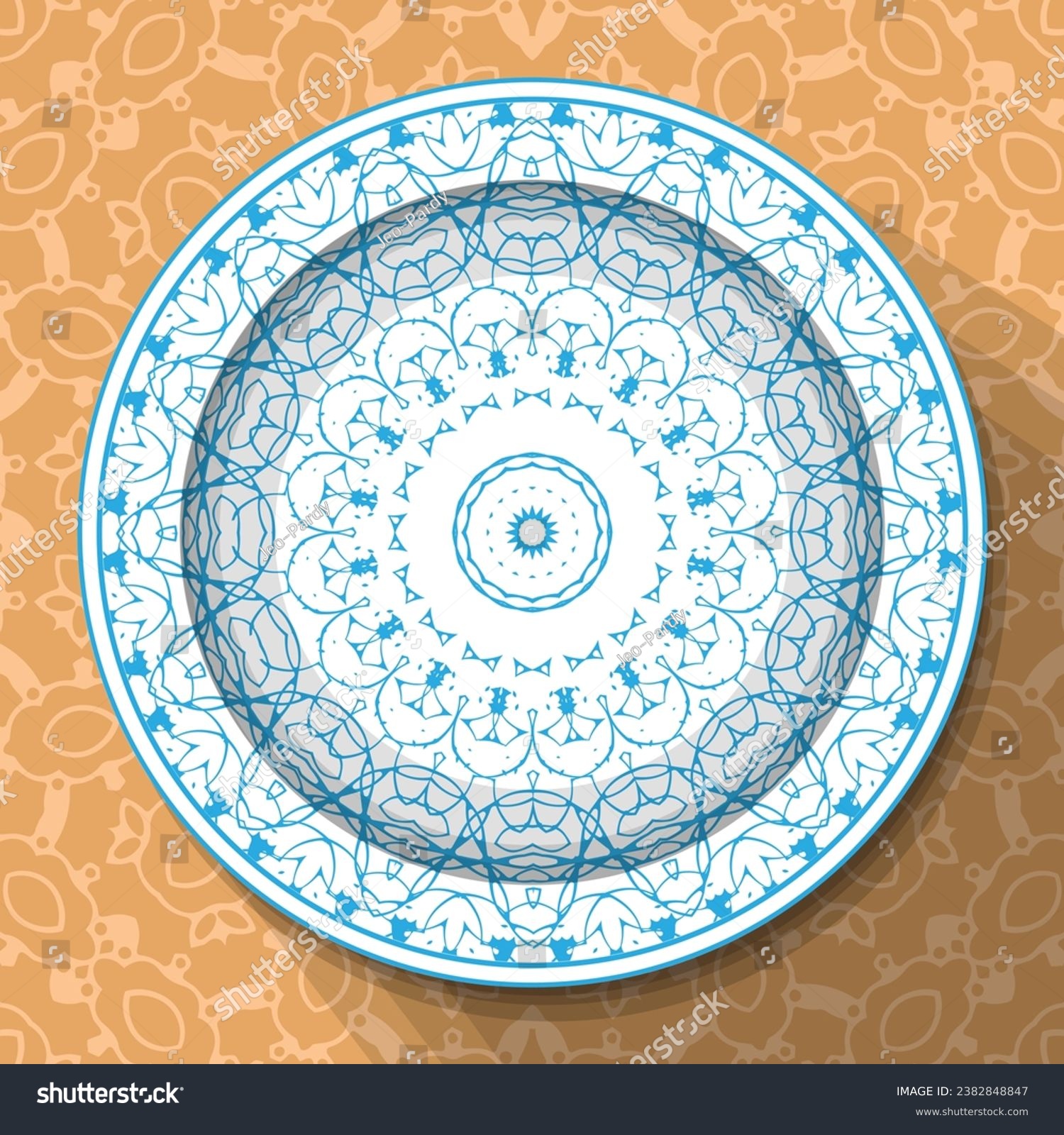 SVG of A white plate with an openwork blue ornament, located on a light brown patterned tablecloth. Pattern No. 4. Vector illustration svg