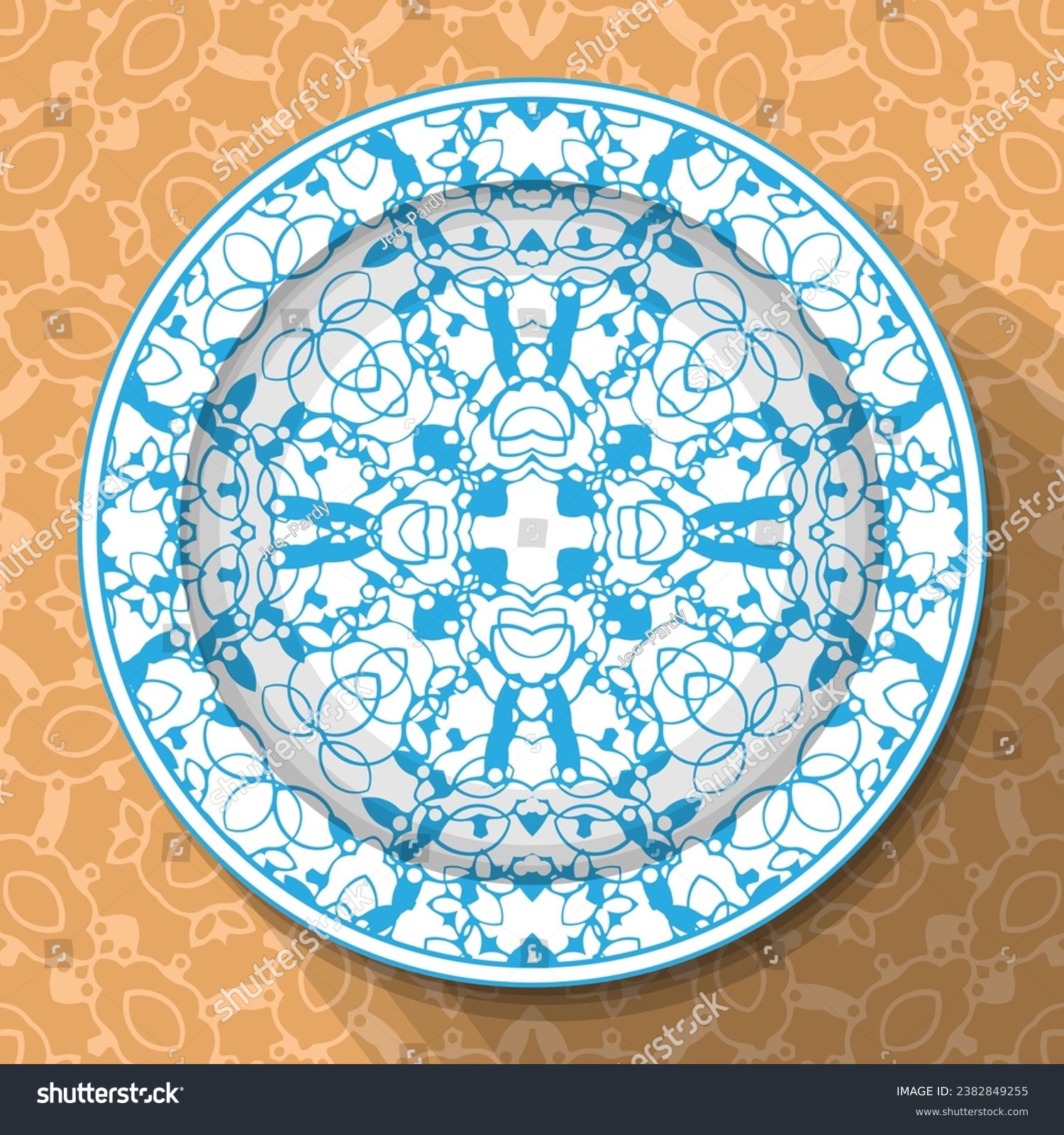 SVG of A white plate with an openwork blue ornament, located on a light brown patterned tablecloth. Pattern No. 3. Vector illustration svg
