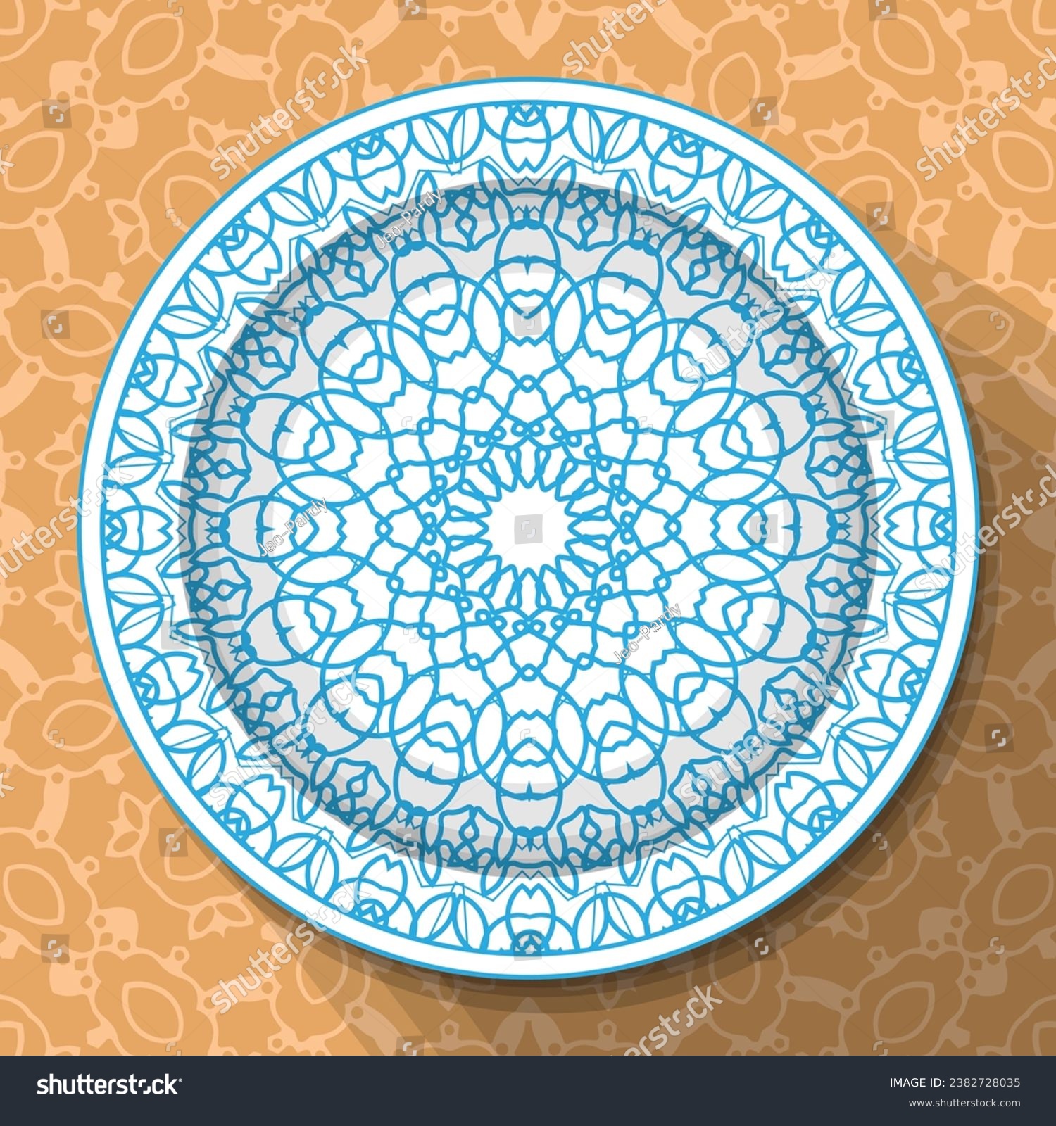 SVG of A white plate with an openwork blue ornament, located on a light brown patterned tablecloth. Vector illustration svg