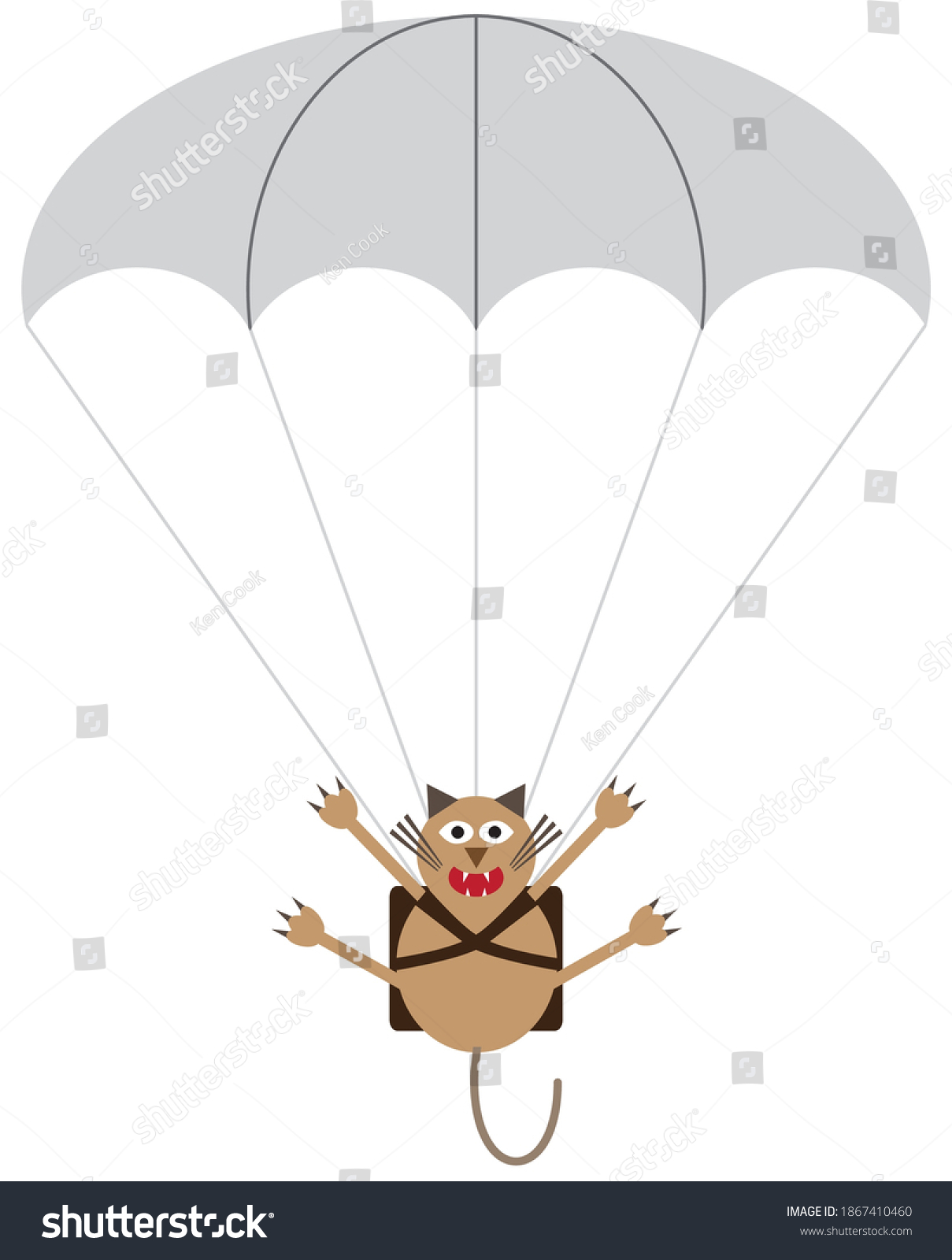SVG of A wide eyed sky diving cartoon cat is dangling from a parachute svg