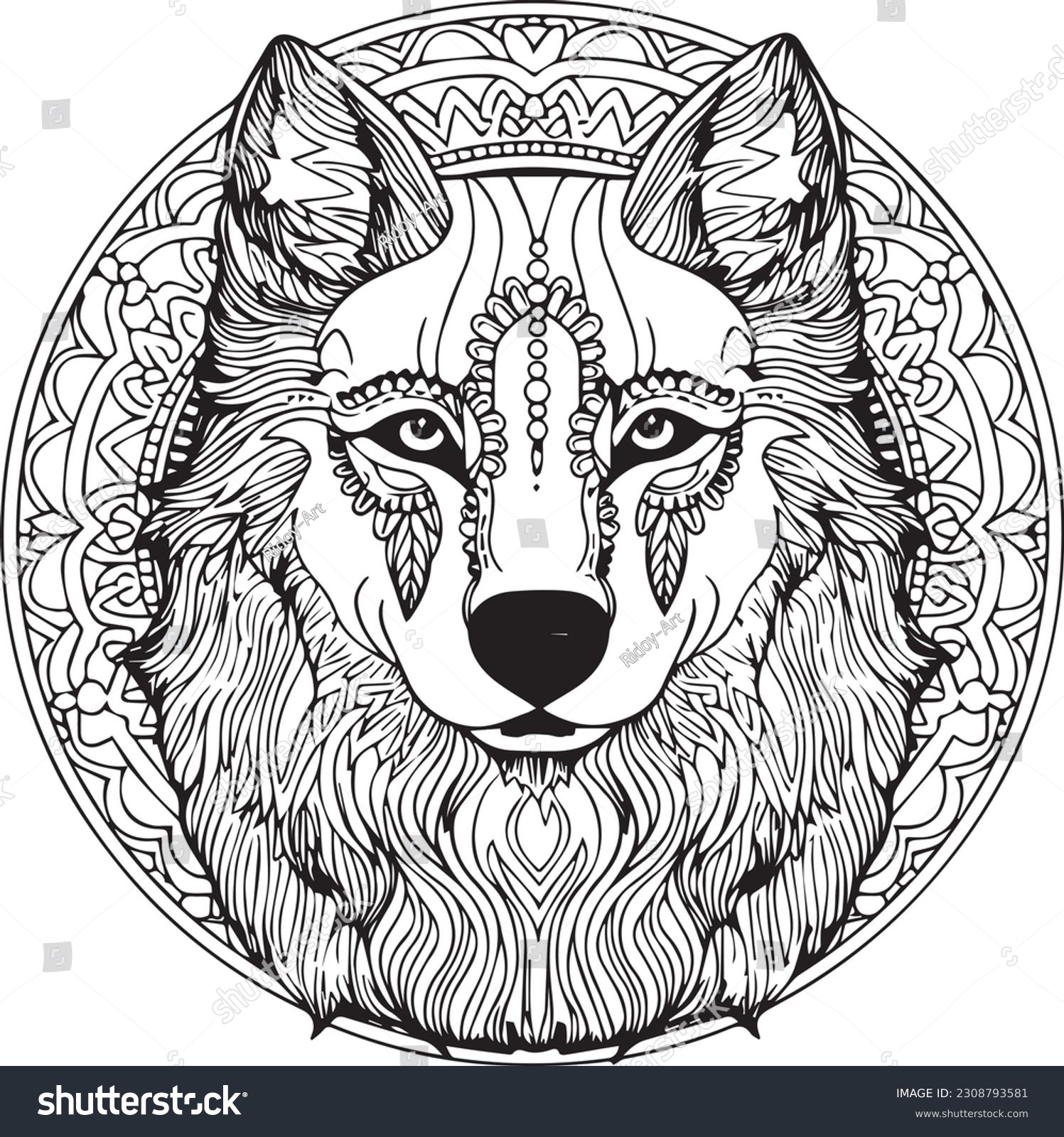 SVG of A wolf head with a mandala pattern coloring page. svg