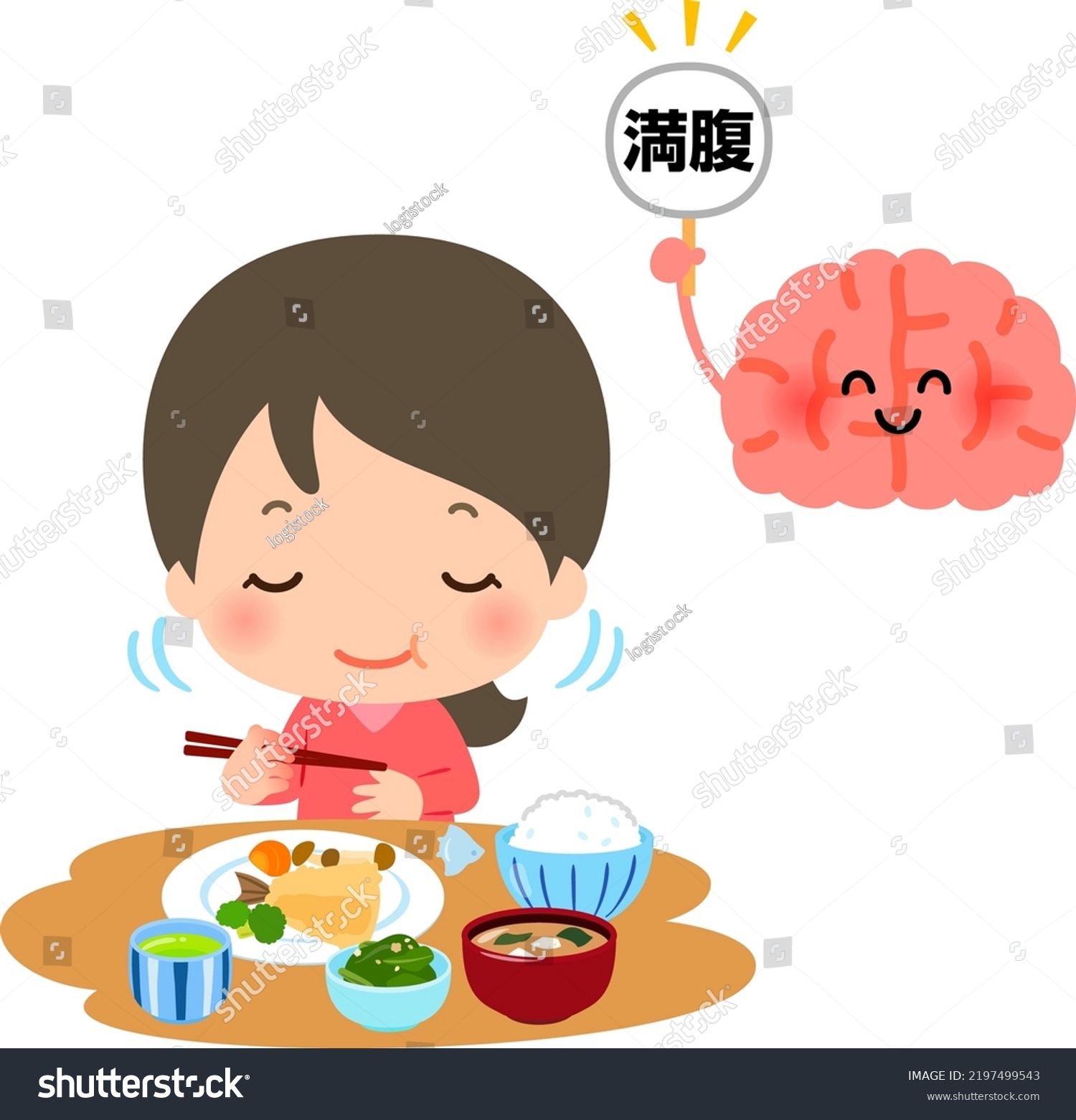 SVG of A woman chewing and eating well and a brain that gives signs of satiety, 'satiety' svg