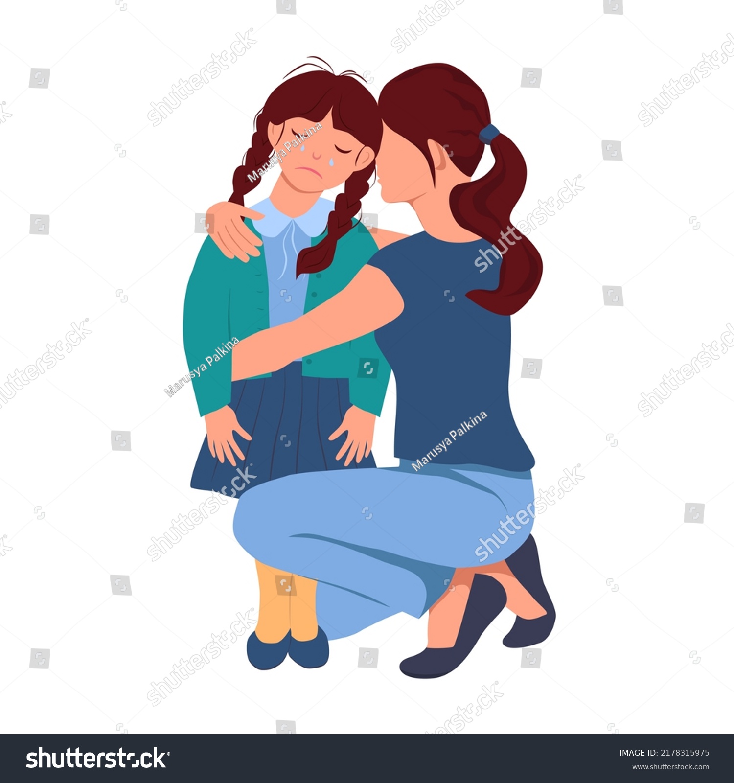 Woman Hugs Little Crying Girl Mother Stock Vector Royalty Free 2178315975 Shutterstock