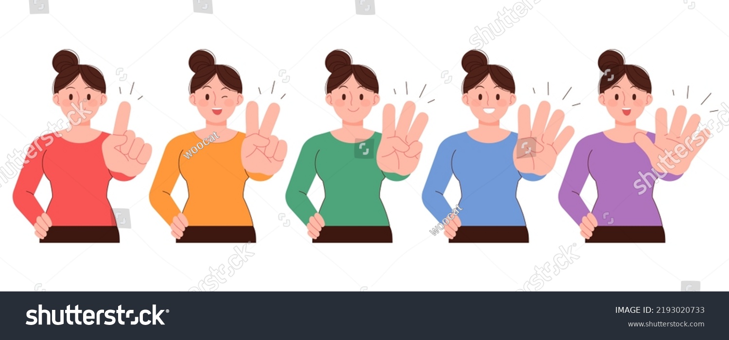 SVG of A woman making a gesture expressing the numbers 1,2,3,4,5 with her fingers. Counting concept figures vector illustration. svg