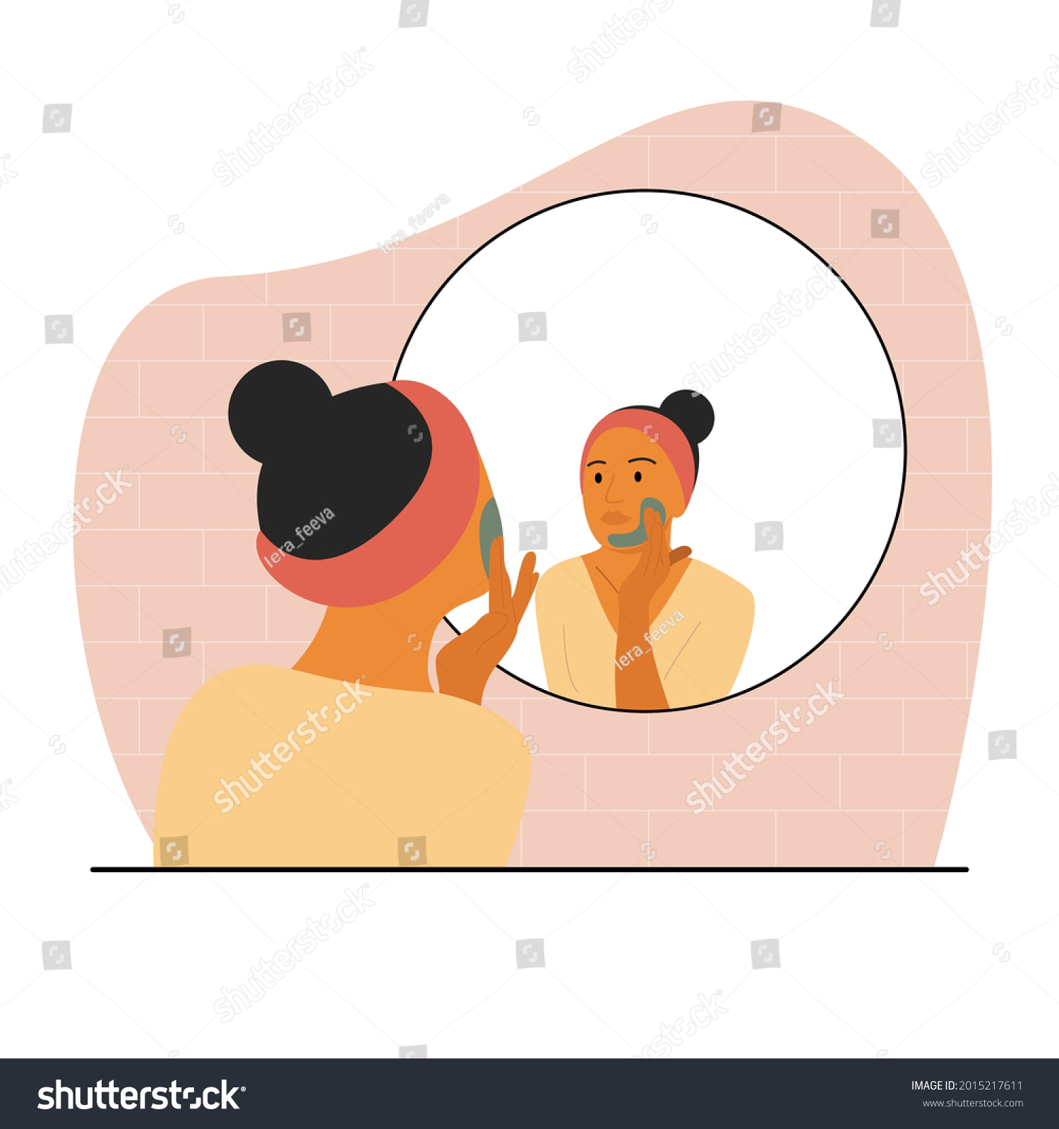 SVG of A woman with brown skin sits in front of a mirror and applies a mask to her face. Home cosmetic routine before bed. A woman with a bandage on her head. svg