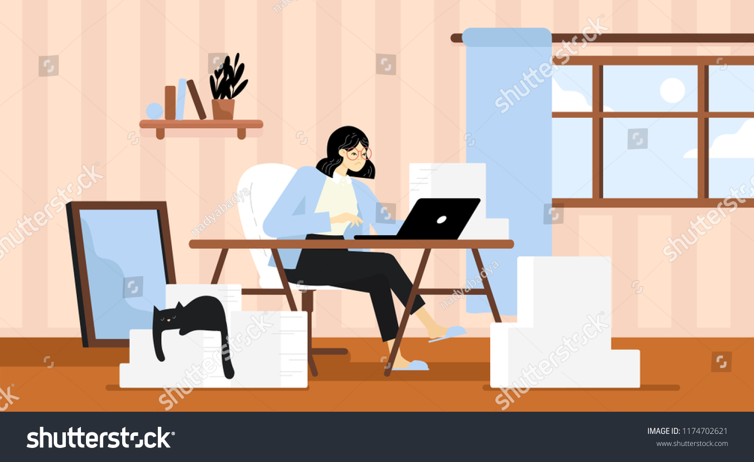 Woman Working Her Desk Home She Stock Vector Royalty Free 1174702621