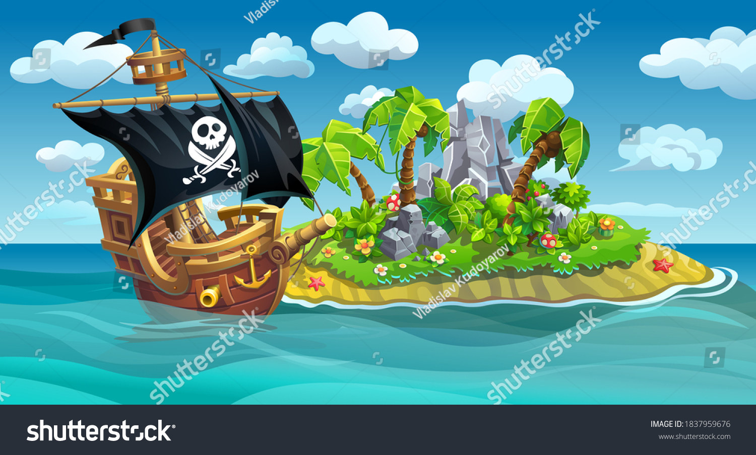 SVG of A wooden pirate ship with sails stands near a tropical island with palm trees. svg