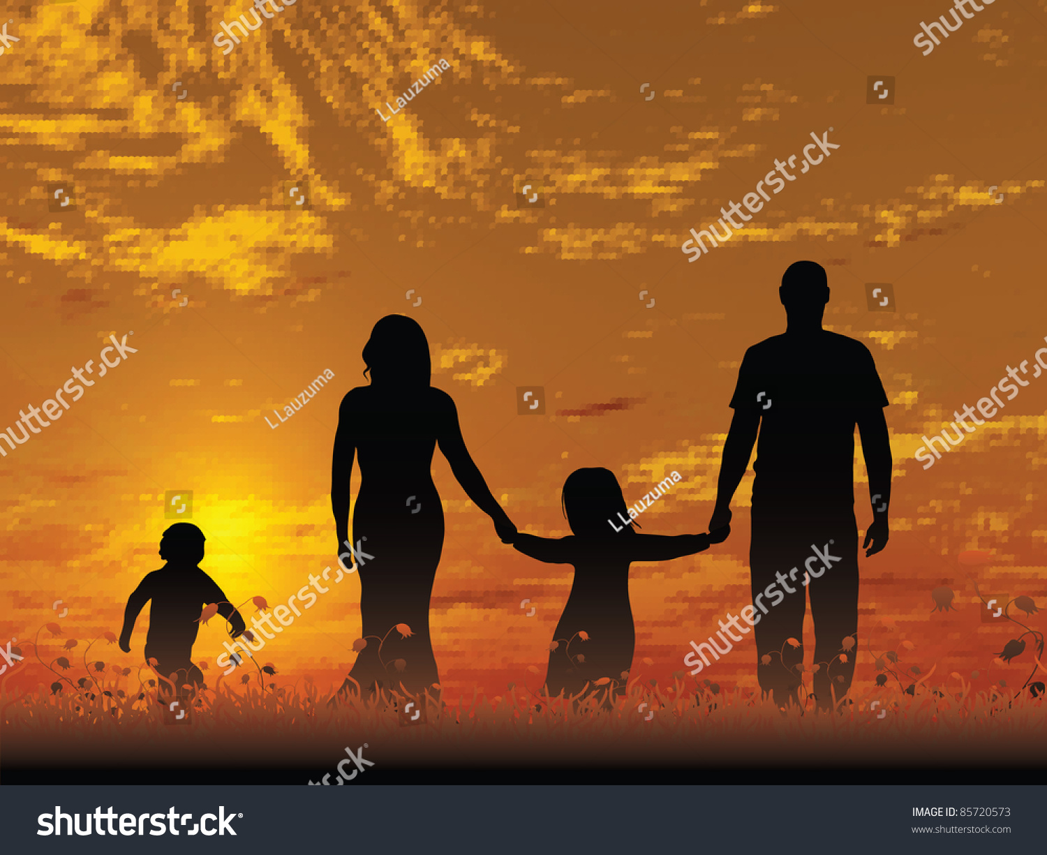 A Young Family Outdoors Enjoying The Sunset Stock Vector Illustration ...