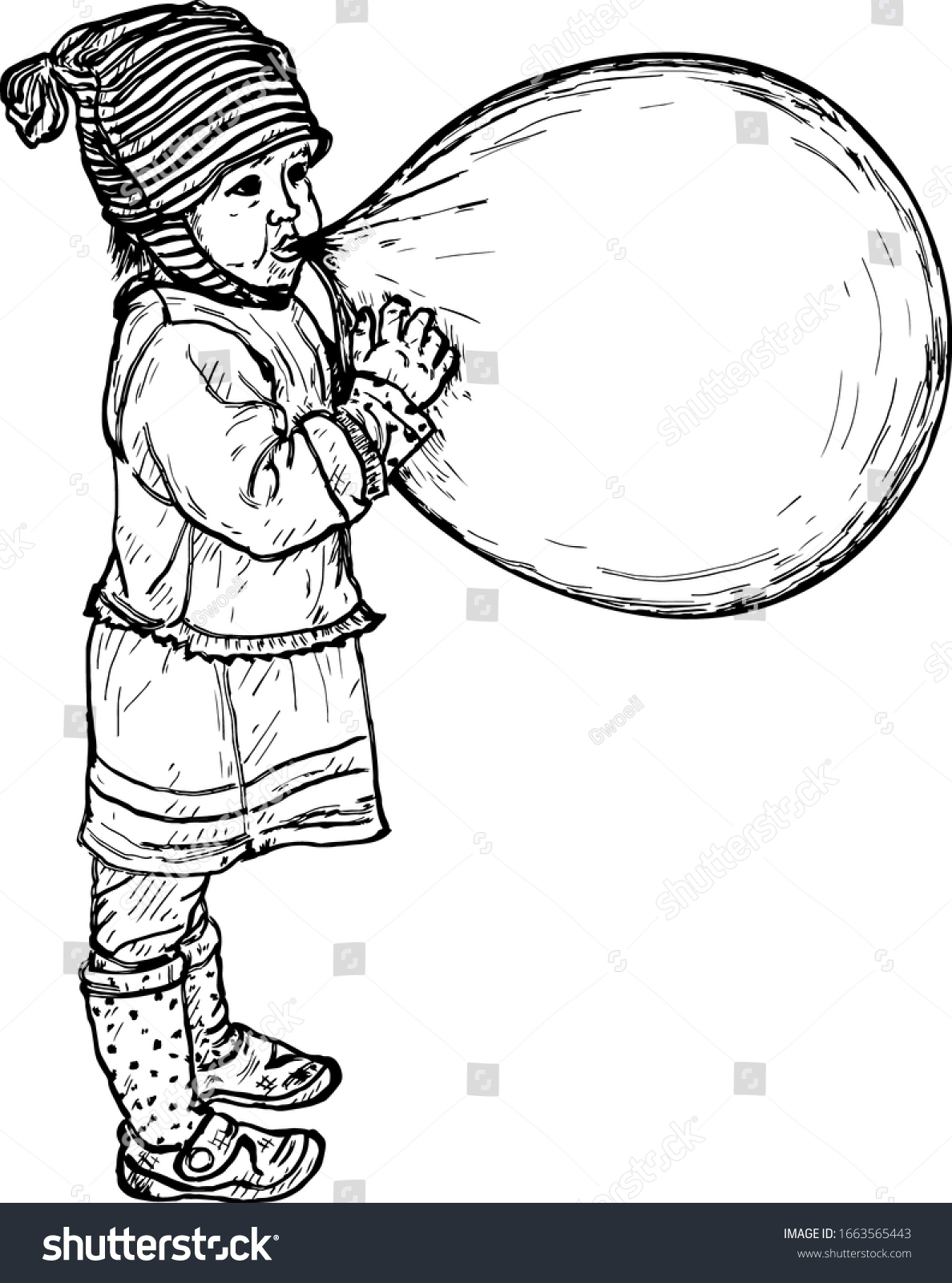 SVG of A young girl blowing a big bubble gum balloon. Hand drawn vector illustration. svg