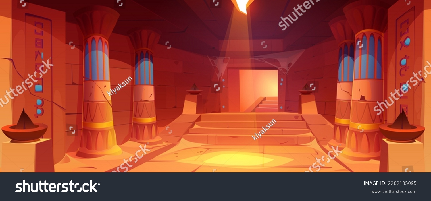 SVG of Abandoned Egypt corridor in castle with stairs cartoon vector background. Egyptian stone dungeon cave in palace with torch and staircase. Messy hallway in ancient museum with symmetry pillar. svg