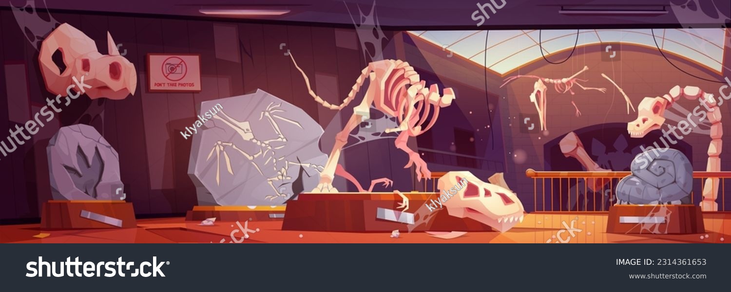 SVG of Abandoned museum and broken fossil dinosaur cartoon vector exhibit. Tyrannosaurus paleontology disaster illustration. Dirty old jurassic gallery room interior with spider web on window and bone svg