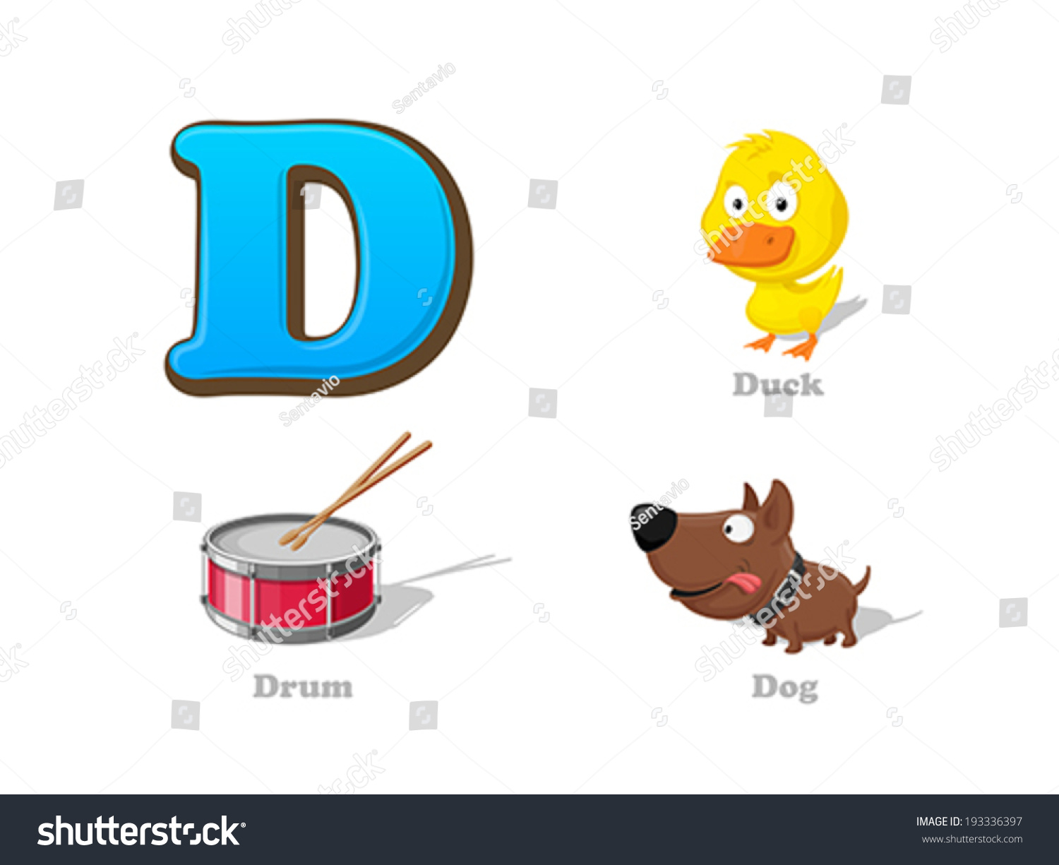 Abc Letter D Funny Kid Icons Set: Duck, Drum, Dog. Alphabet Children ...