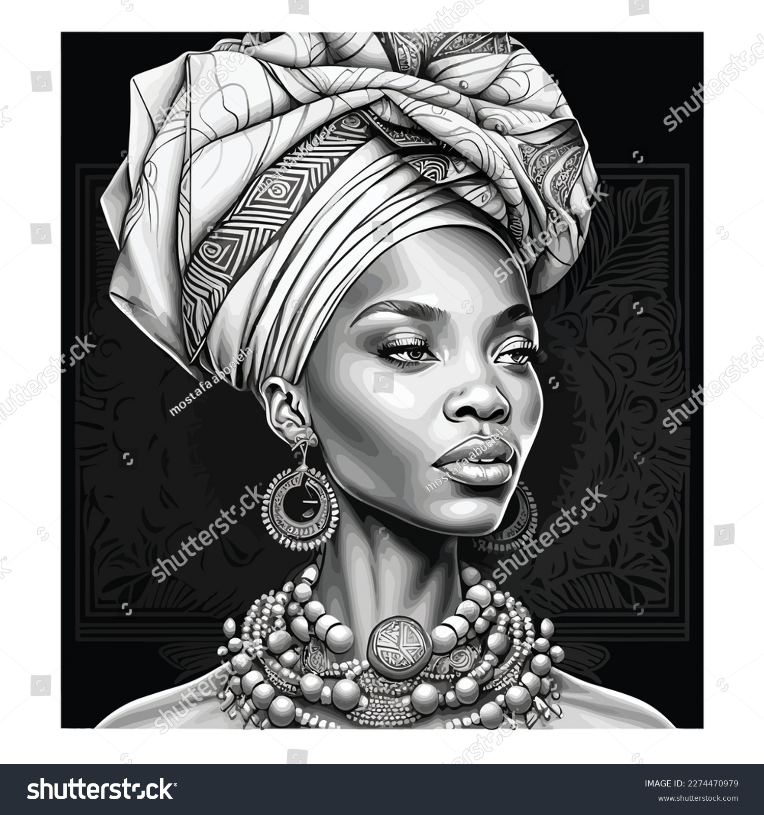 SVG of abstract african american woman wearing turban with african pattern. black and white. vector illustration. for fashion design and tshirt print svg