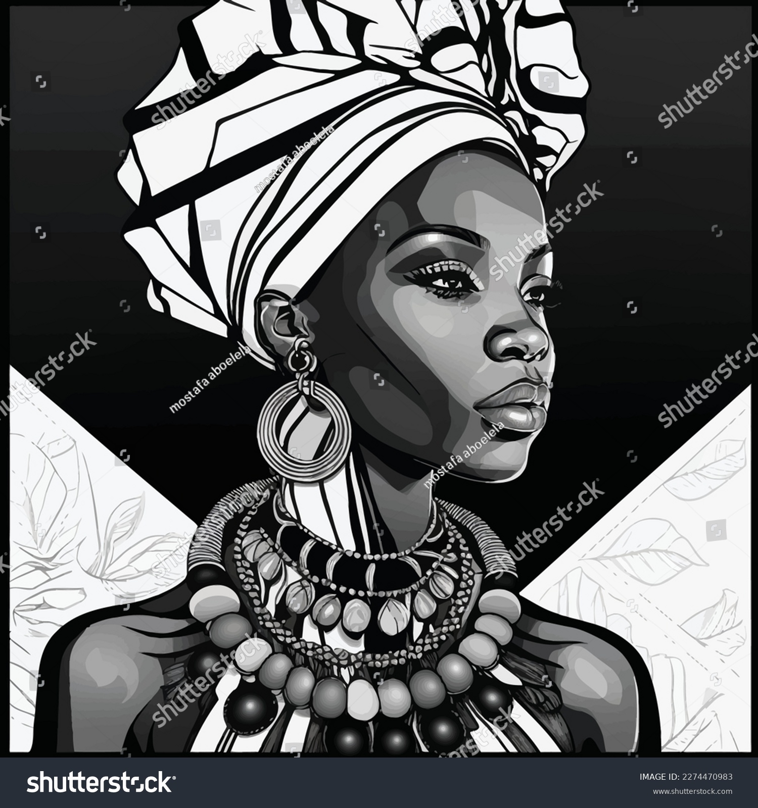 SVG of abstract african american woman wearing turban with african pattern. black and white. vector illustration. for fashion design and tshirt print svg