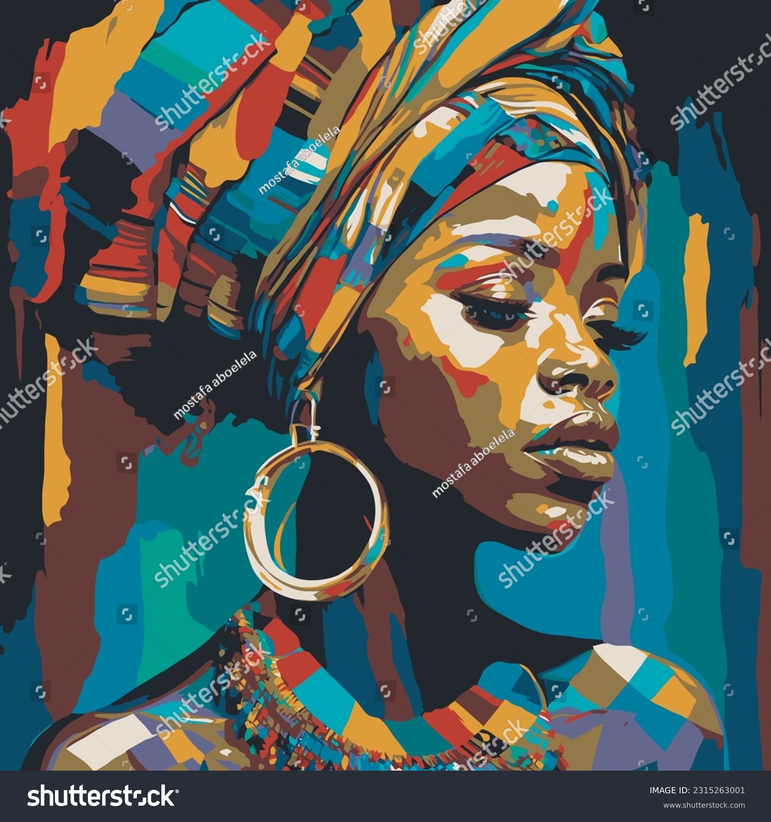 SVG of abstract african woman wearing turban with african pattern. black and white. vector illustration. for fashion design and tshirt print svg