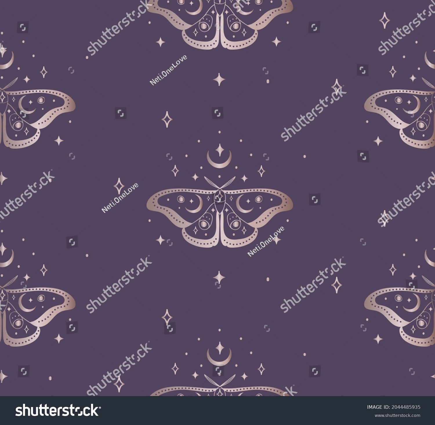 SVG of Abstract Background Seamless Pattern with Crescents and Stars, Batterflies. Mystic Design, Vector Illustration for wrapping tissue paper. Pink Gold svg