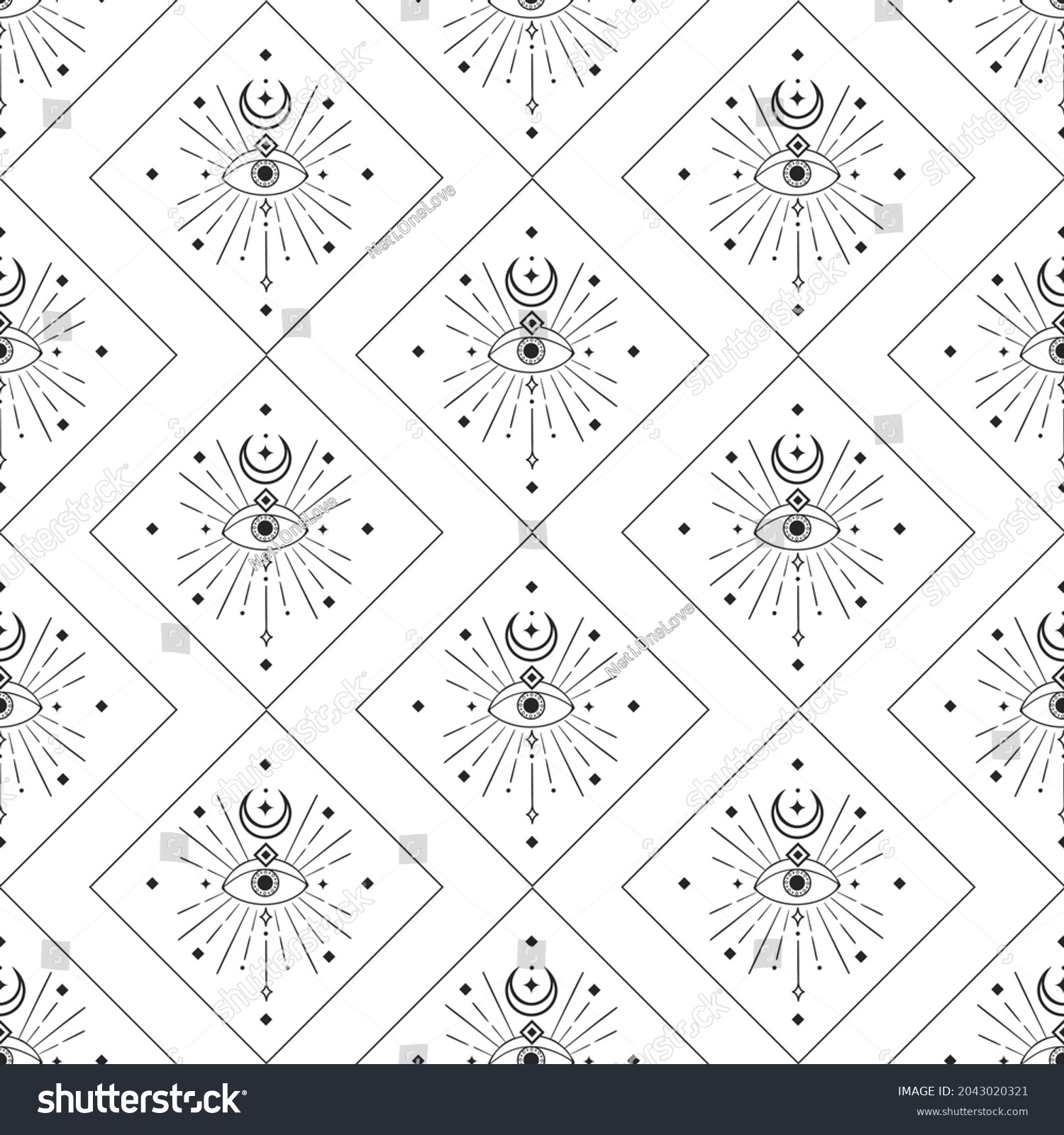 SVG of Abstract Background Seamless Pattern with Crescents, Eyes, rectangles, squares. Mystic Design, Vector Illustration for wrapping tissue paper. svg