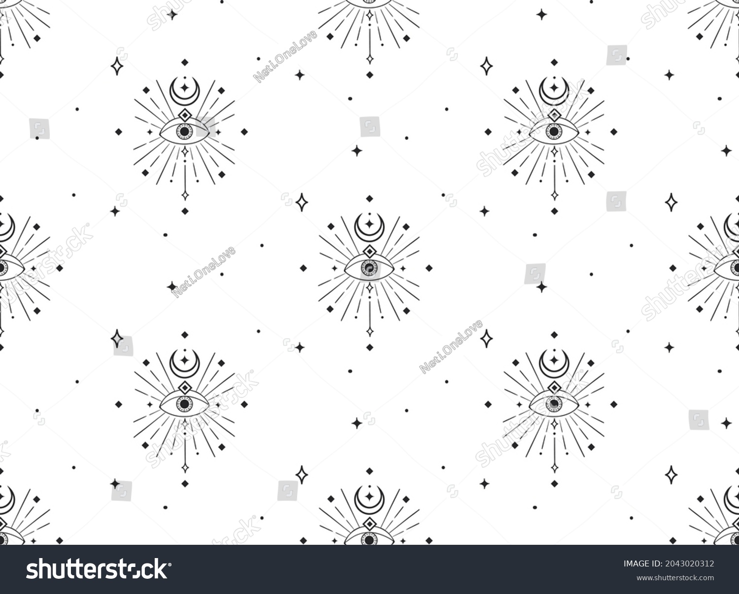 SVG of Abstract Background Seamless Pattern with Crescents, Eyes, squares. Mystic Design, Vector Illustration for wrapping tissue paper. svg