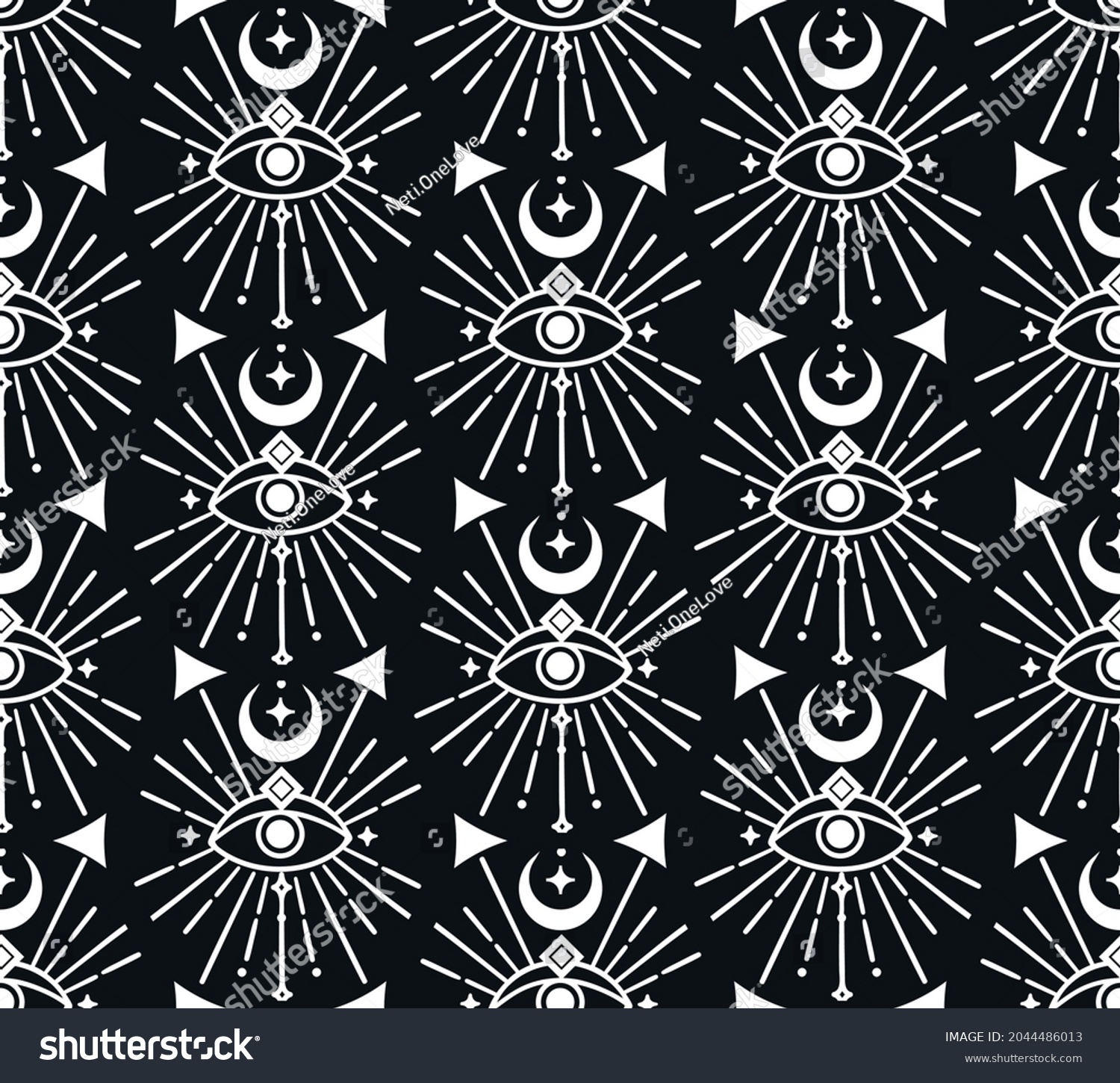 SVG of Abstract Background Seamless Pattern with Crescents, Eyes, squares. Mystic Design, Vector Illustration for wrapping tissue paper. svg