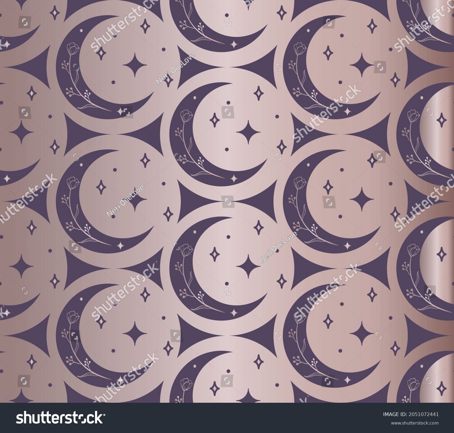 SVG of Abstract Background Seamless Pattern with Crescents, Stars, Branches, Leaves, Flowers, Berries, Dots. Mystic Design, Vector Illustration for wrapping tissue paper. Pink Gold svg