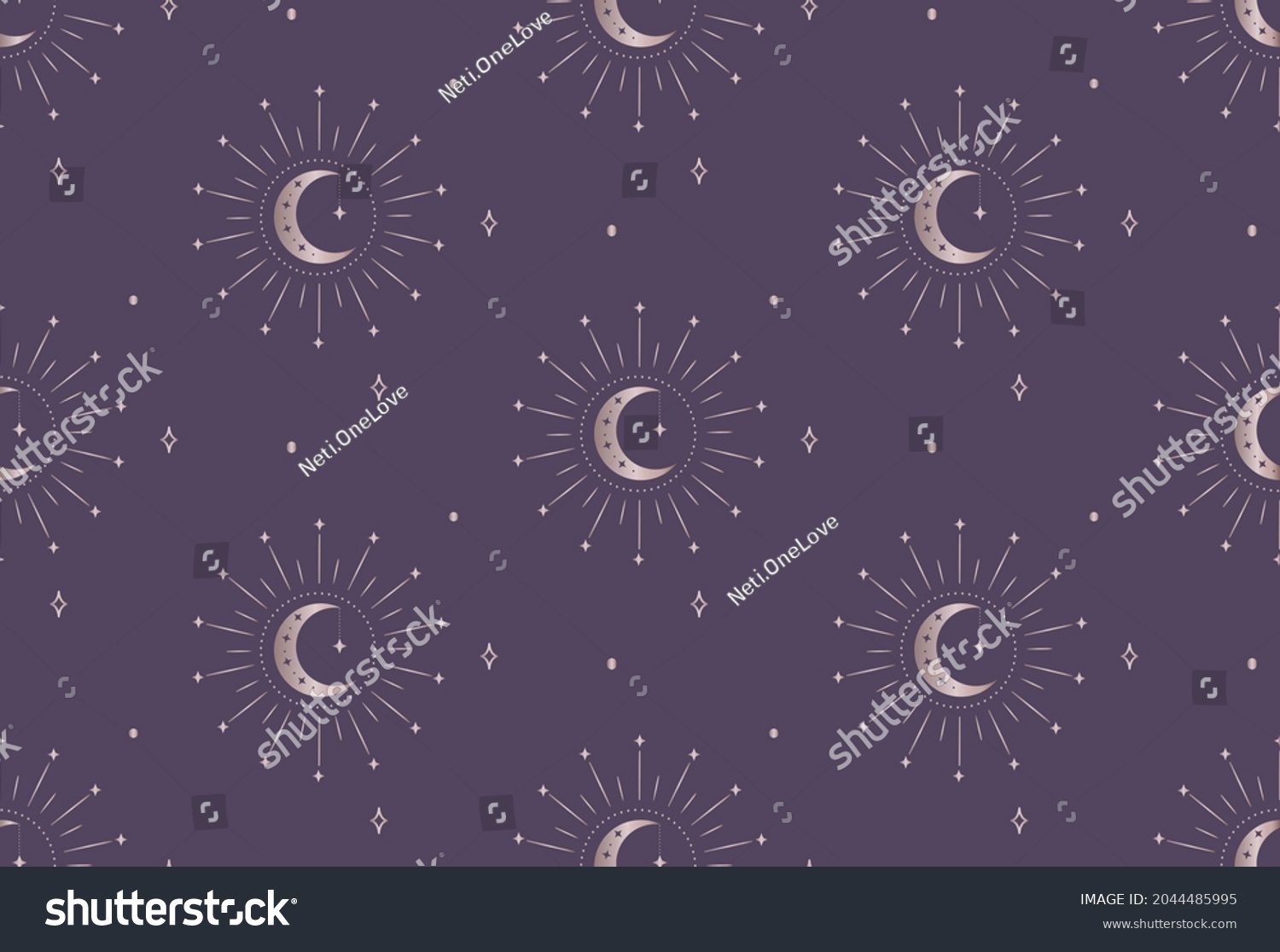 SVG of Abstract Background Seamless Pattern with Crescents, Stars, Rays, Dots. Mystic Design, Vector Illustration for wrapping tissue paper. Pink Gold svg
