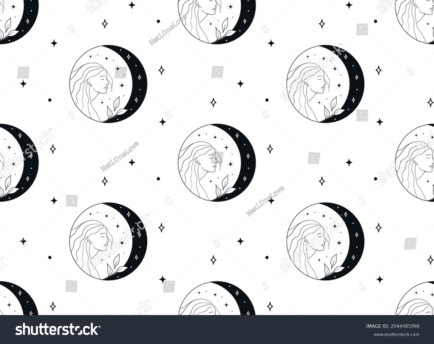 SVG of Abstract Background Seamless Pattern with Crescents, Stars, Rays, Dots. Mystic Design, Vector Illustration for wrapping tissue paper svg
